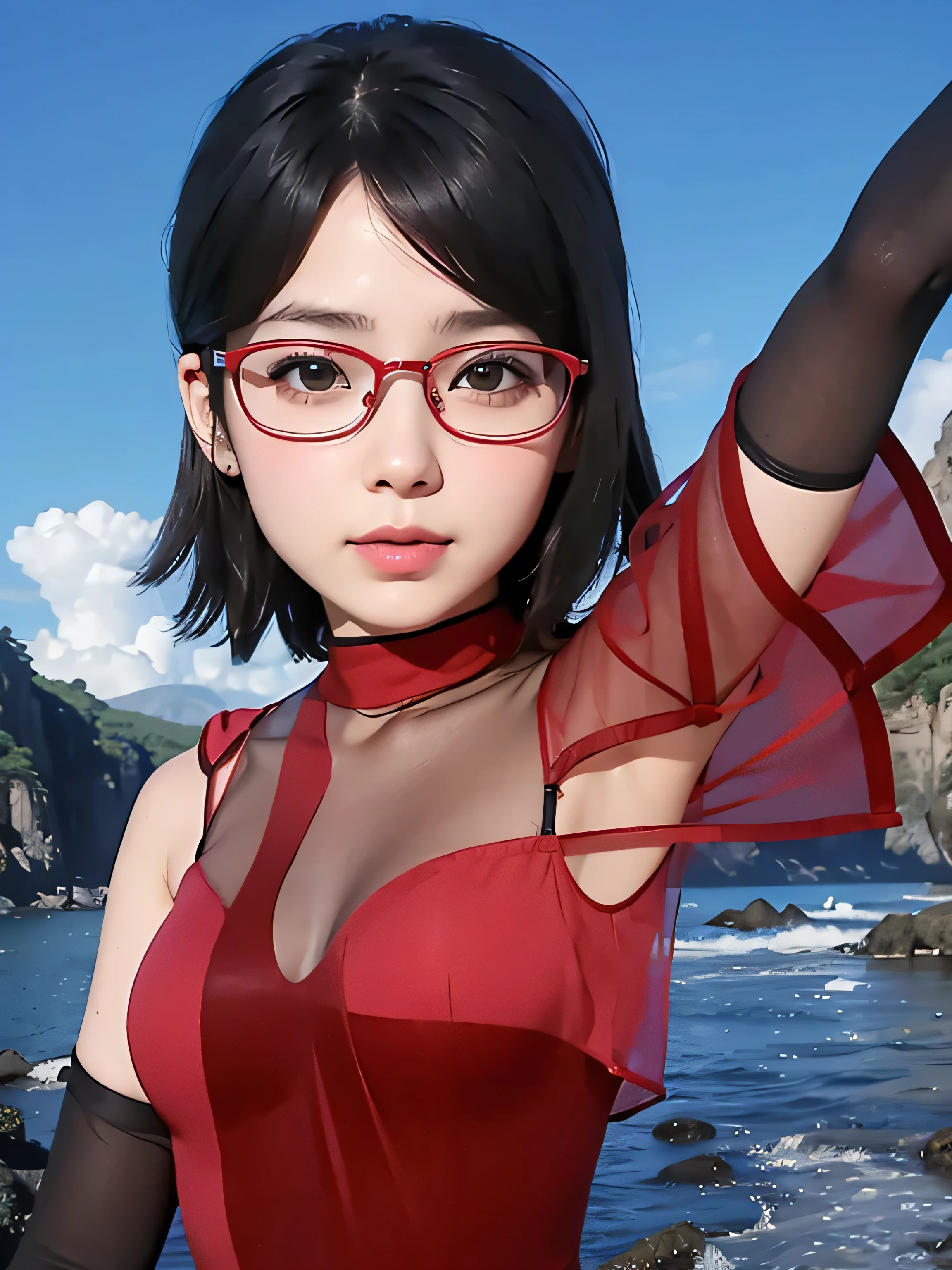 Realistic,masterpiece, best quality, (realistic,photo-realistic:1.4), (RAW photo:1.2),extremely detailed CG unity 8k wallpaper, delicate and beautiful, amazing,finely detail, official art, absurdres, incredibly absurdres, huge filesize, ultra-detailed,extremely detailed eyes and face, light on face,little smile,black hair,very short hair,(wearing lingerie:1.4),beach,(wearing red framed glasses