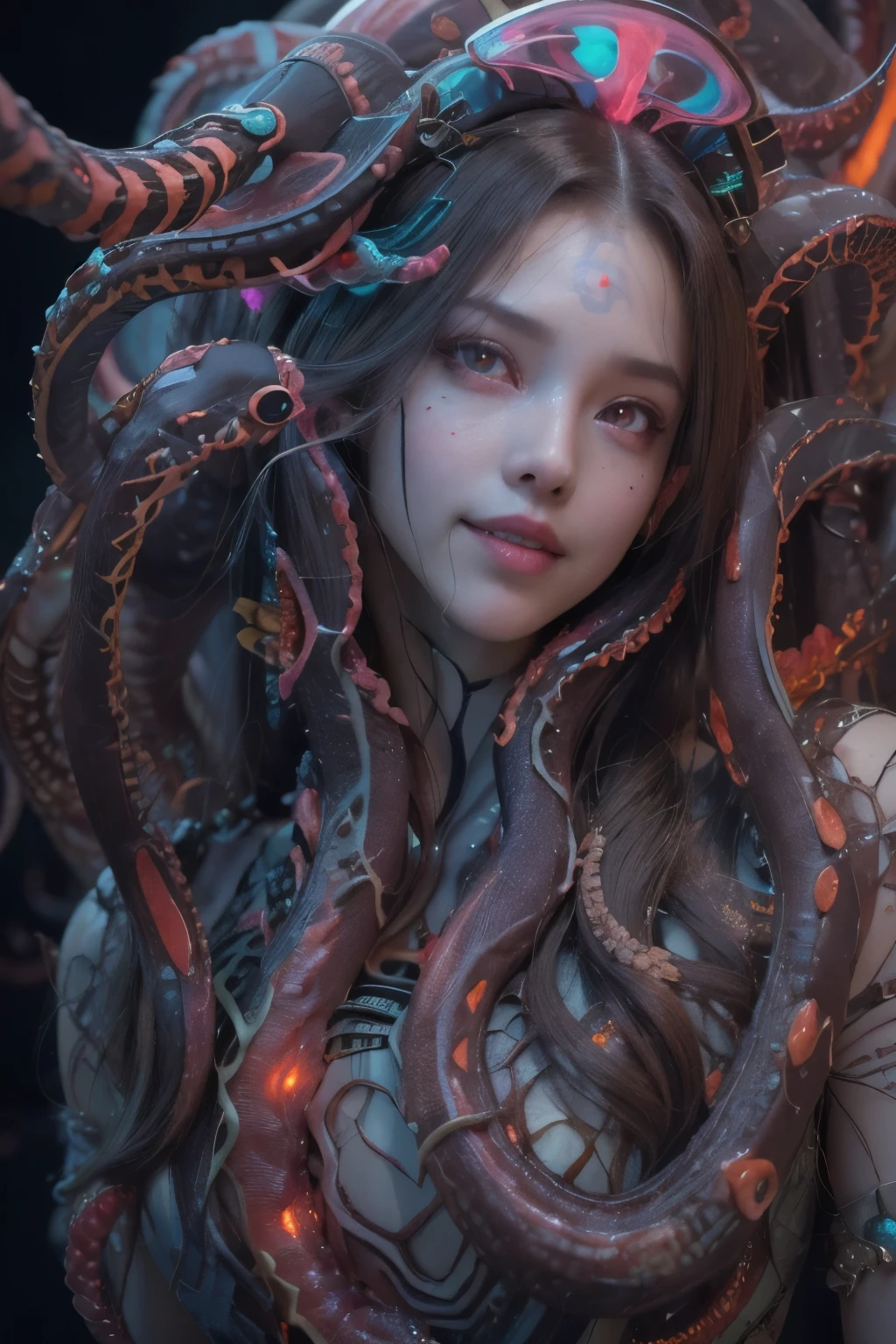 scary and sexy detailed art in color, Portrait, (beautiful and obscene female alien:1.4), (vulgarity1.5), (she has glowing red eyes with no pupils:1.8), (Translucent skin:1.7),  ((There is a female genital-like organ in the middle of the forehead:1.9)), (The most beautiful face in the history of the universe:1.2),an evil gaze that seduces, (large mouth:1.1), (sharp teeth like a vampire:1.2), Full body portrait, (bio luminescent:1.5), (Smile wickedly:1.3),  (sexypose:1.5), incredibly beautiful matured alien, (she has unparalleled beauty:1.5),  No humans, cells are fused, (Lots of translucent tentacles:1.6) extraterrestrial, cell, bio image, best quality, 8K,In 4K_quality, High freshness, Dramatic Lighting, masterpiece:1.5, cinematic quality, detail up, (exquisite details:1.2), high resolution, High freshness, drawing faithfully, (Thick eyebrows:1.2), Beautiful eyes with fine symmetry, (Highly detailed face and eyes:1.2),  (Super detailed skin quality feeling:1.1), perfect anatomy,  (Beautiful toned body:1.5),  (Moist skin:1.2), not wearing makeup, (dark circles:1.1), long canines, cinematic drawing of characters, ultra high quality model, cinematic quality, detail up, (exquisite details:1.2), high resolution, High freshness, drawing faithfully, official art, Unity 8K Wall  , 8K Portrait, best quality, Very high resolution, ultra detailed artistic photography, midnight aura,  unreal engine 5, Ultra Sharp Focus, art by Amano Yoshitaka, ArtGerm, Roisch, intricate artwork, best quality, masterpiece, ultra high resolution, (photos realistic:1.4), ultra realistic realism, dream-like, nautilus, Creation of fantasy, Dream Snail, (biopunk nautilus:1.3),Thrilling color schemes, ultra realistic realism, seductively smiling, (white tentacles with stripes:1.2), subtle emerald green accents, (expression of ecstasy:1.6) , in the dark, she has snake-like eyes