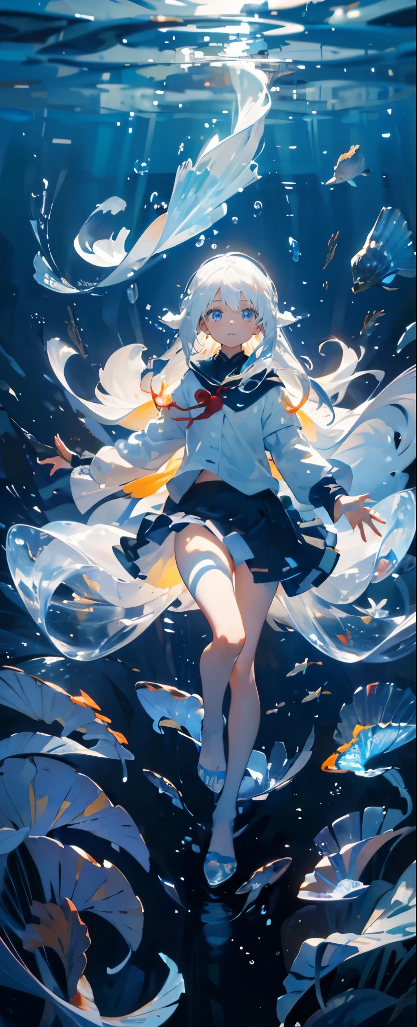 (muste piece), (best quality), highly detailed face, 1 girl, Solo Full Body Shot, perfect face, beautiful girl, highly detailed face，(white long hair:1.5)，(blue eyes:1.4)，(float:1.4)，(in water:1.4)，(float:1.3)，sink，school of fish，Light，jellyfish，seaweed，Red fish，Yellow fish，deep sea，fantasy