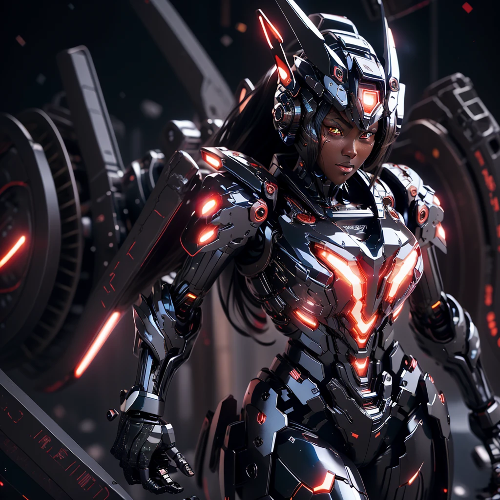 Illustrate a detailed and stunning portrait of a girl, long black hair, heterochromia eyes , (Meccha girl, ultra detailed, black and red cyber suit), in a dynamic pose ,open cleavage,(( dark skin)), ((african)) full body