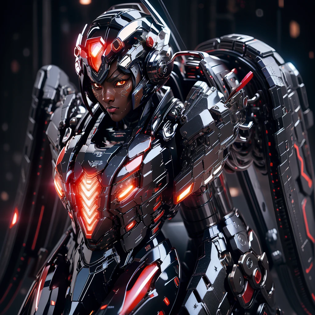 Illustrate a detailed and stunning portrait of a girl, long black hair, heterochromia eyes , (Meccha girl, ultra detailed, black and red cyber suit), in a dynamic pose ,open cleavage,(( dark skin)), ((african)) full body