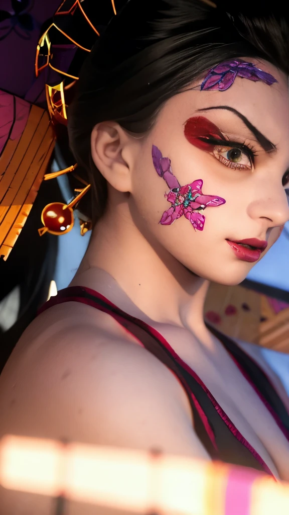 anime girl with a tattoo on her body and a tattoo on her arm, nezuko, nezuko-chan, ayaka genshin impact, sakura petals around her, by Kamagurka, onmyoji detailed art, onmyoji, official art, ayaka game genshin impact, anime goddess, hanayamata, extended art