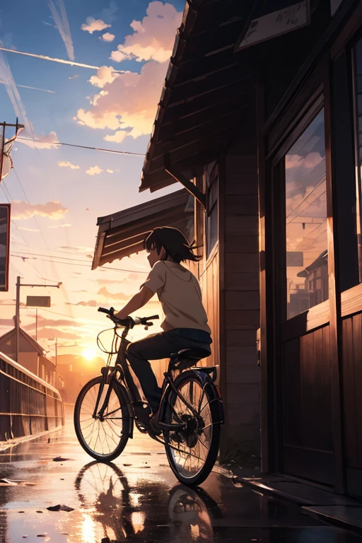 sunset,((masterpiece)), anime art, makoto shinkai, hayao miyazaki, Studio Ghibli, 4K, disorganized, highest quality, HDR traveler's back birdie bike