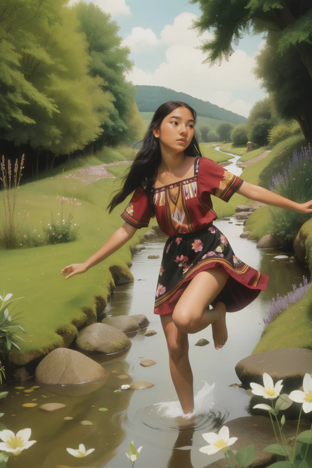 Amidst the lush hedgerows of a Cotswold village in the 2000s, a thirteen-year-old Native American girl, with flowing black hair and a floral summer dress, leaps across stepping stones in a babbling brook, embodying the carefree spirit of outdoor exploration in the idyllic British countryside.
