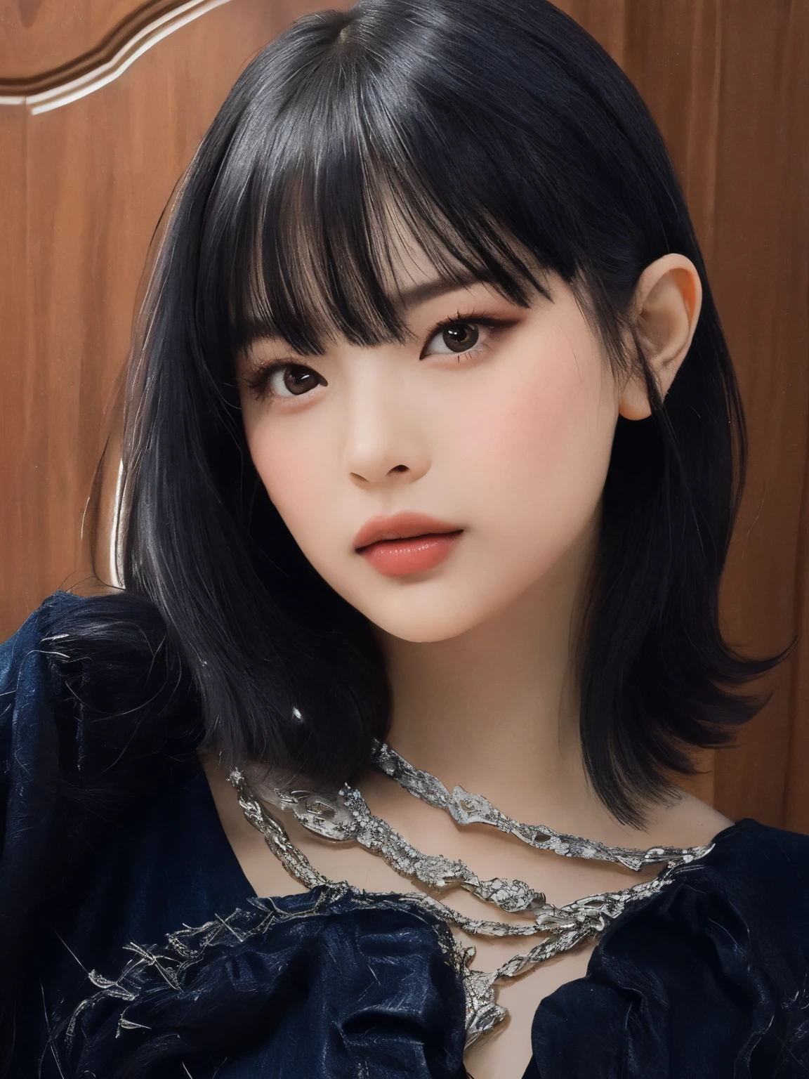 um close up de uma mulher com um colar e uma camisola, corte de cabelo preto hime, neat hair com franja, Ulzzang, penteado com corte hime branco, she has black hair com franja, com cabelo curto com franja, cabelo preto na altura dos ombros, com cabelo curto, com franja, cabelo preto na altura dos ombros, o corte Hime, com franja completa, franja repartida ao centro, Hanni do Newjeans, Retrato da Hanni do Newjeans.