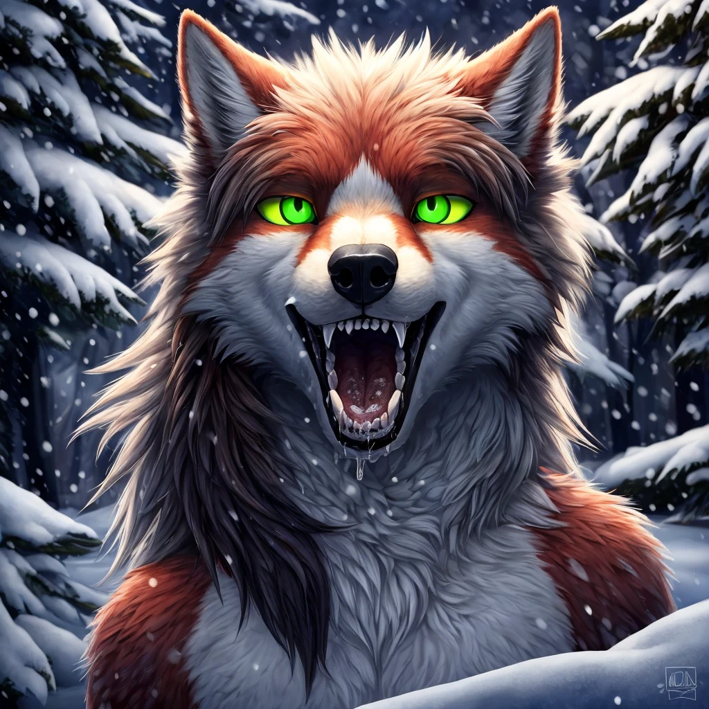 ((masterpiece)), best quality, highly detailed, finely detailed, close up on face, 1 wolf girl, glowing green eyes, black sclerosis, (glam rock style hair), topless, red fur, black swirl patterns in fur, tail, looking seductively at camera, sadistic grin, wide open eyes, winter, snowing, snow on character, forest, night, back lit from the moon light, visible breath, a lot of steam coming from mouth, wet teeth, dripping wet mouth, drooling,