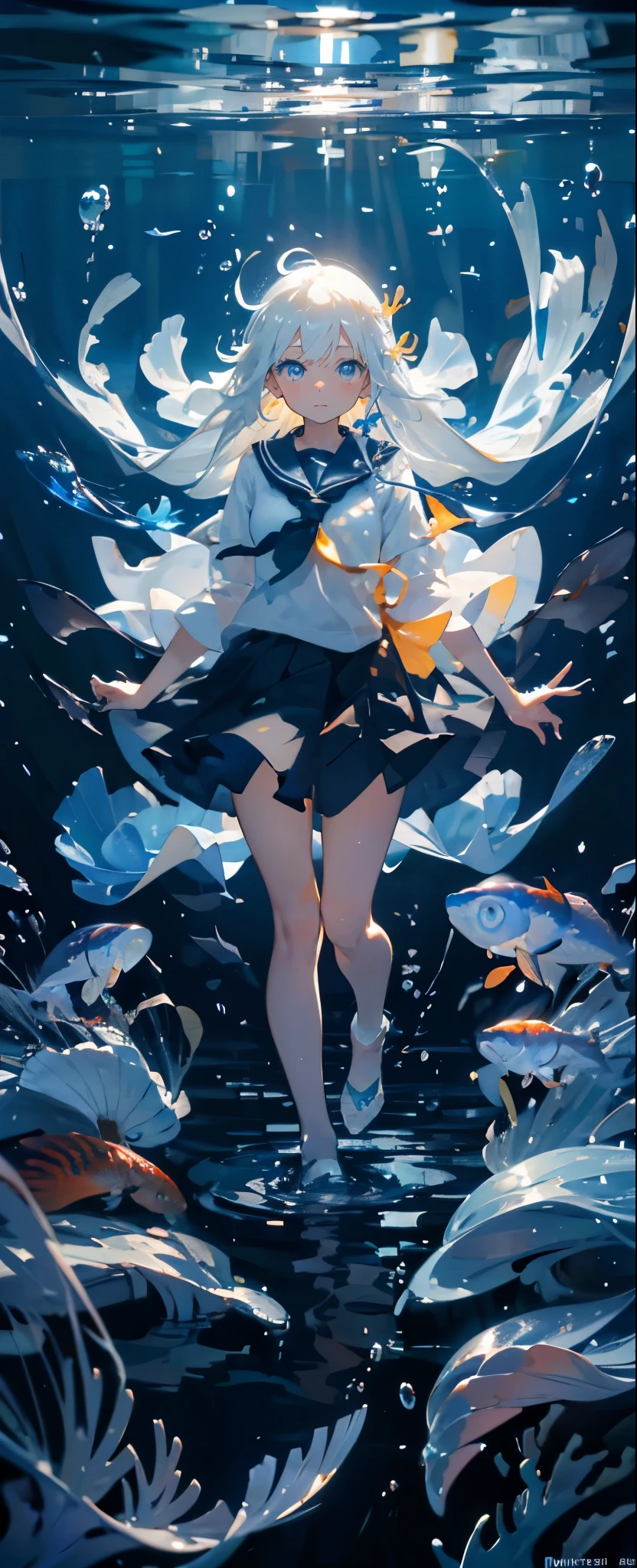 A school of cute carp，Around a girl，Irridescent color, Designed by Dietrams, Glows in high detail, C4D, Clean shadows, 4K