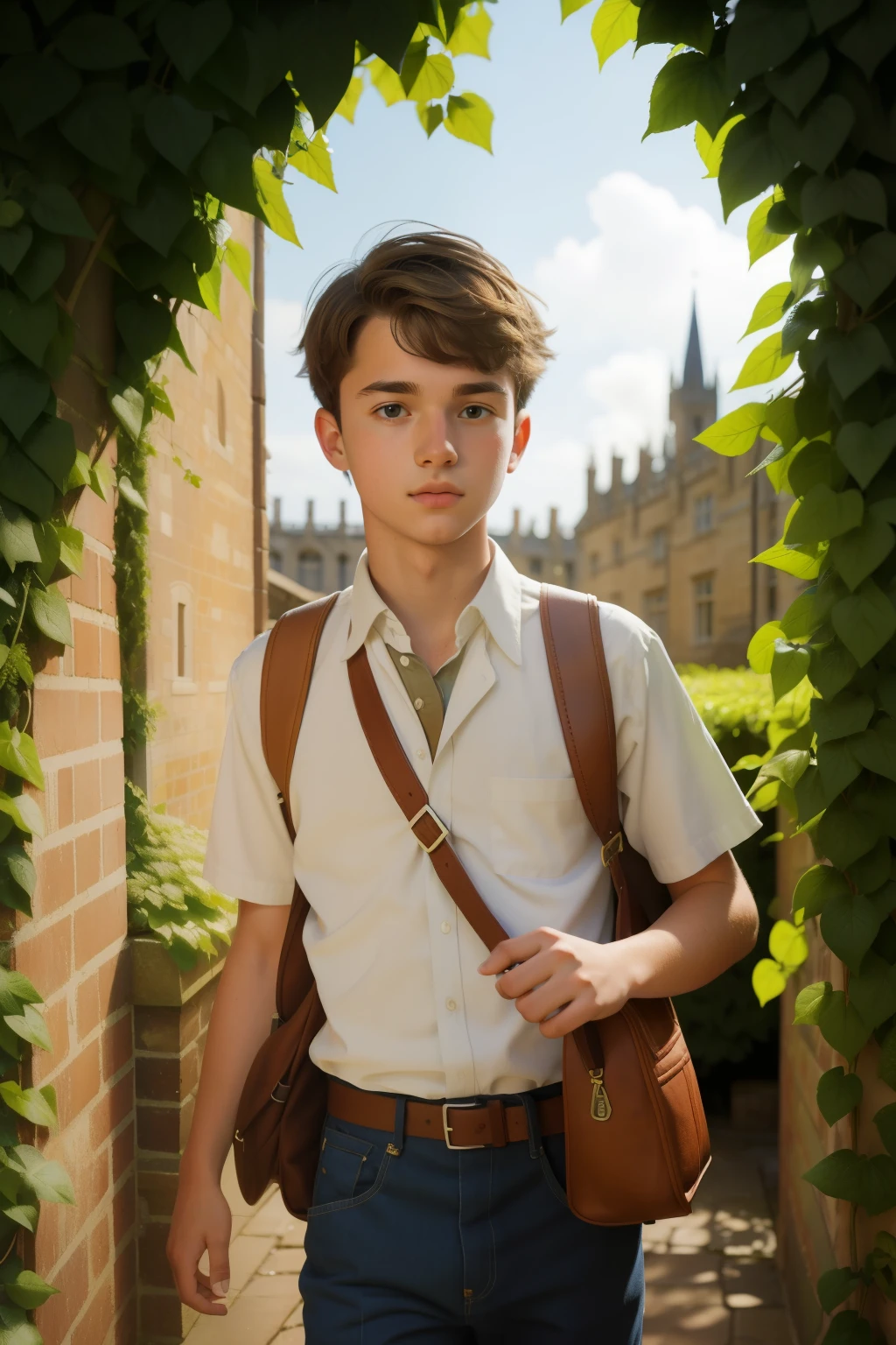In the sunlit courtyard of an Oxford college in the 2010s, a -year-oldte bowith ruffled brown hair and a vintage satchel, confidently scales the ivy-covered walls with a sense of youthful adventure, capturing the essence of academic exploration in an iconic setting.