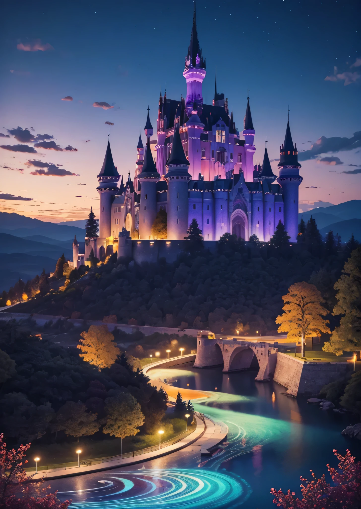 high quality, high details, visualize a majestic castle atop a hill surrounded by a landscape of beautifully designed and colorful sound wavelengths, The silhouette of the castle is embellished with low-frequency wavelengths casting shades of blue and purple while high-frequency wavelengths adorn the surroundings in hues of red and orange, A symphony of colors emerges where different waveforms overlap and intersect creating new and mesmerizing shades, The visual manifestation of musical rhythm and melody takes the form of captivating shapes and patterns that dance across the scene, adding an ethereal quality to the castle and its surroundings, by yukisakura, high details,