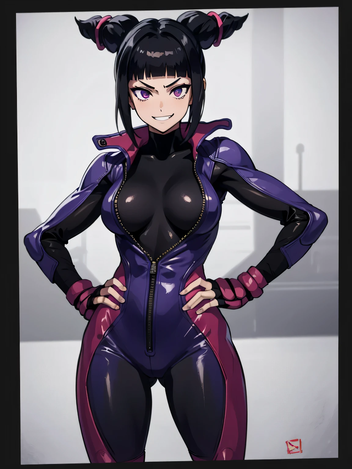 masterpiece, best quality, highres, twojuri, purple eyes, cowboy shot, standing, evil grin,hands on hips, medium shot, body focus,
