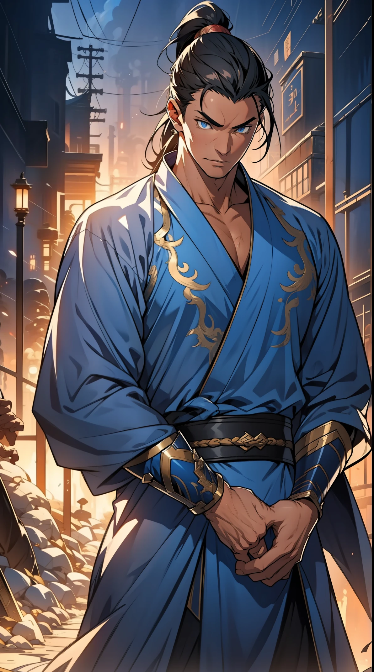Two dimensions，anime style，one person（male warrior），proportions are correct，facial details，swordsman，high ponytail hairstyle，neck detail，Have an Adam&#39;s apple，Blue suit，joke，blue robe，clothing details，transfer，long sleeves，Game quality，fencing，Ray tracing，Ray tracing，Detailed glow，CG rendering，hair details，long black hair，blue eyes，Handsome，Handsome，（Youthful feeling），Clothing is complicated，Perfect composition，refine，high quality，higher details，many details，Complex background，a sense of atmosphere，