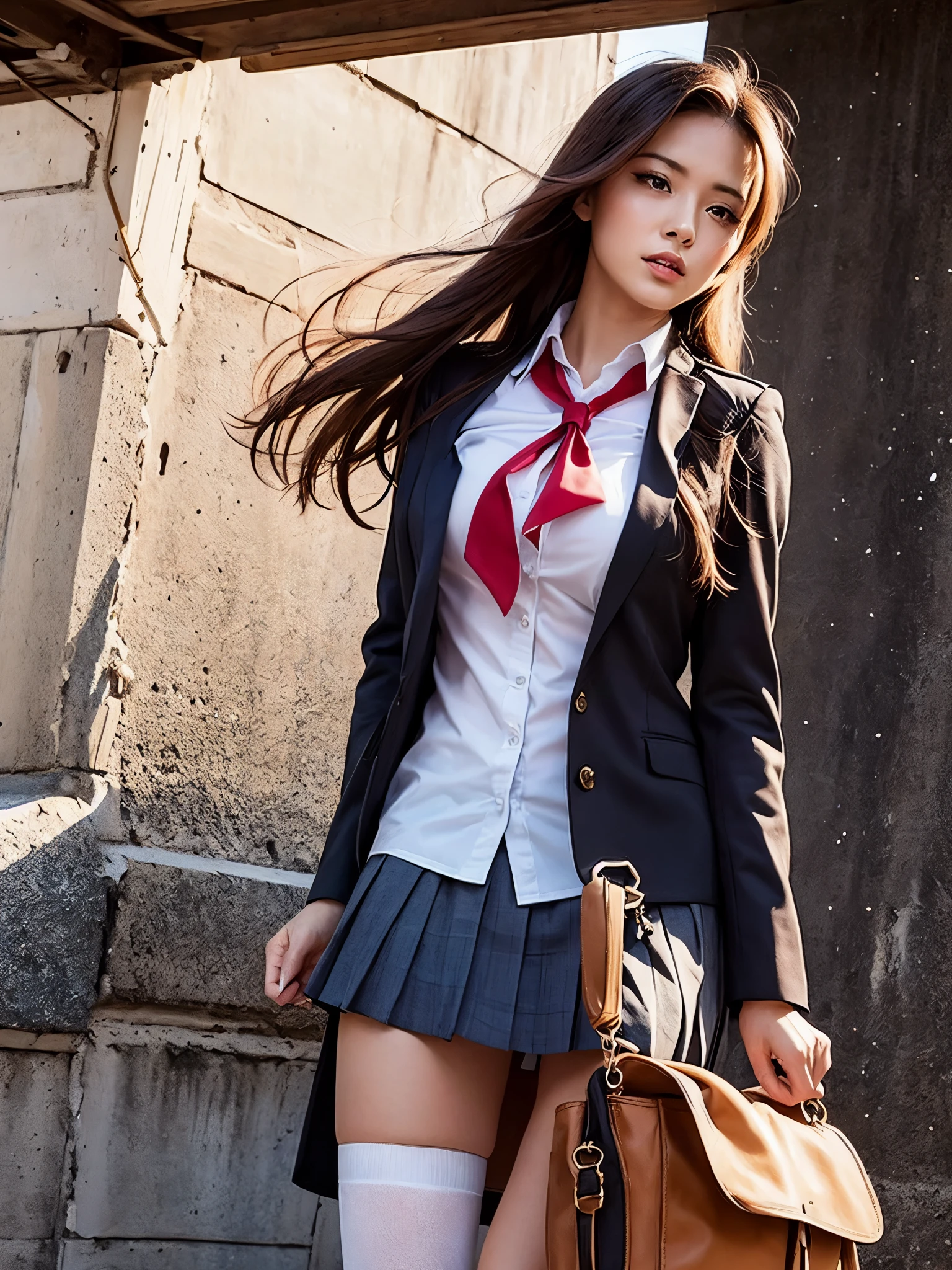 （highest quality，4K，masterpiece：1.2），Beautiful woman，1 girl，sexy：1.1，dark yellow hair：1.1，Woman in school uniform，Drenched uniform，super detailed face，detailed lips，fine eyes，double eyelid，miniskirt white stockings，stand up