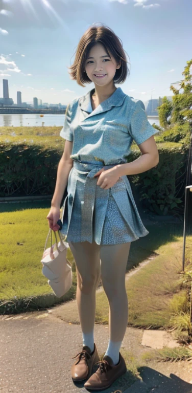 A 13-year-old woman wore a traditional Japanese junior high school uniform., With a distinctive design and bright colors. she was standing on the riverbank, Holding fragile petals in your mouth, Enjoying that sweet scent. Her brown eyes reflected the quiet beauty of the surrounding landscape., Where the blue background blends seamlessly with the blue sky above. very realistic illustrations、Captures the essence of a bright afternoon sunset, Under the warm sun, An orange glow in the quiet scenery.