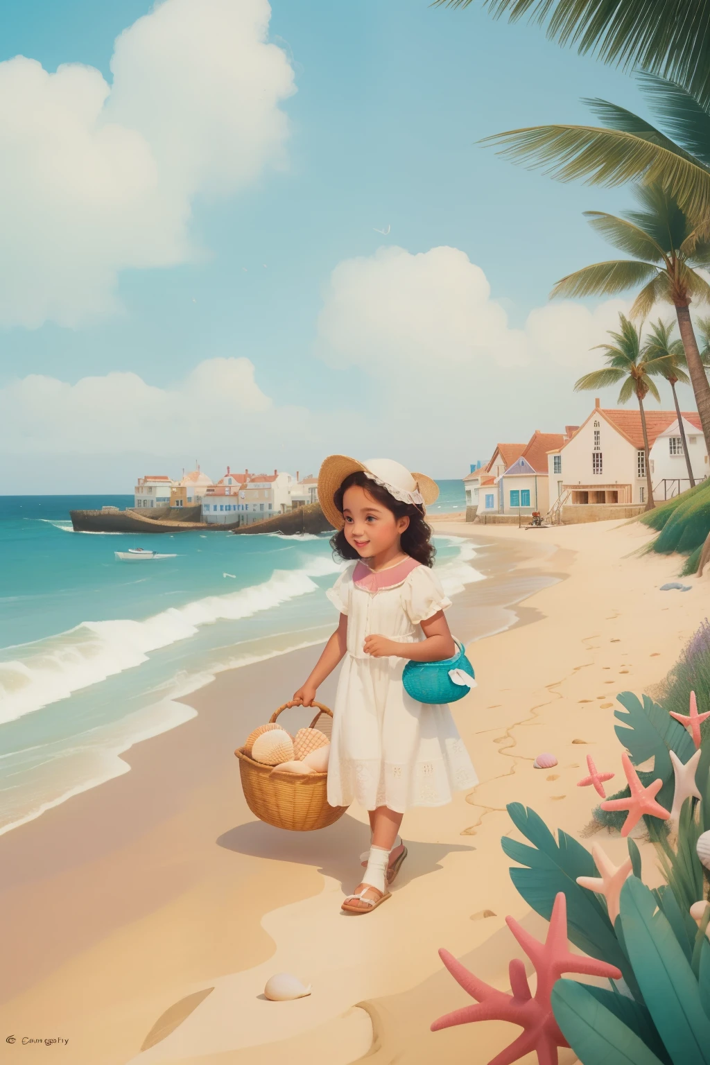 Along the charming lanes of a Regency-era seaside town in the 1990s, a tween Arab girl, with a bonnet and a basket of seashells, joyfully races along the sandy shoreline, collecting treasures with infectious enthusiasm against the backdrop of pastel-colored beach huts.