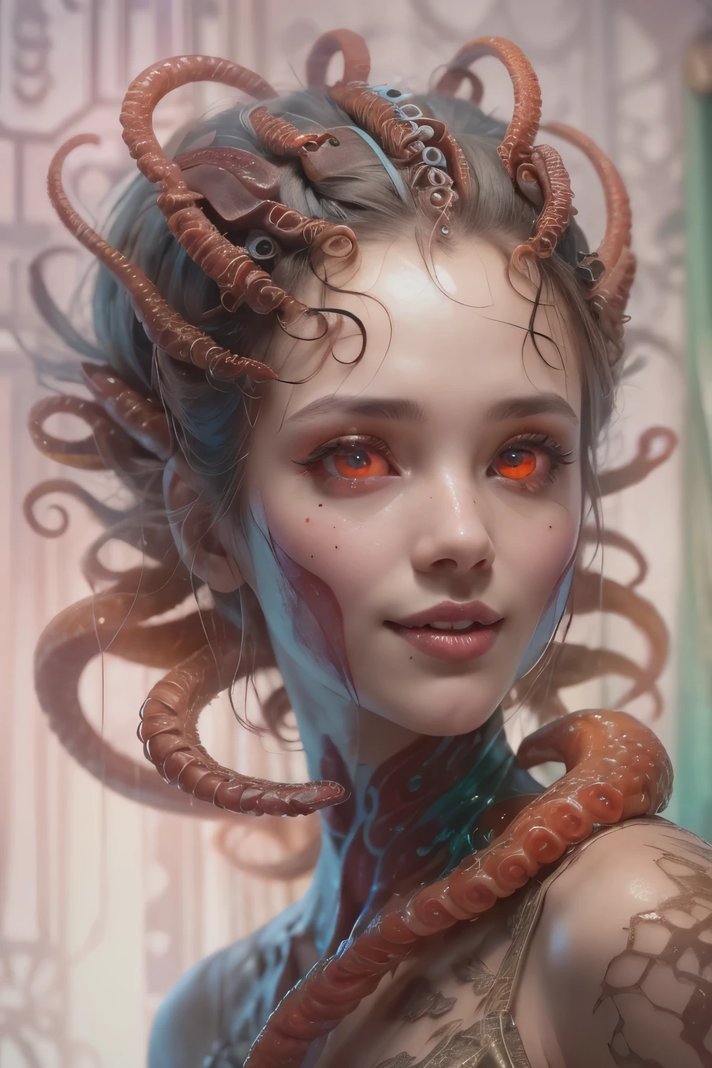 scary and sexy detailed art in color, Portrait, (beautiful and obscene female alien:1.4), (vulgarity1.5), (she has glowing red eyes with no pupils:1.8), (Translucent skin:1.7),  ((There is a female genital-like organ in the middle of the forehead:1.9)), (The most beautiful face in the history of the universe:1.2),an evil gaze that seduces, (large mouth:1.1), (sharp teeth like a vampire:1.2), Full body portrait, (bio luminescent:1.5), (Smile wickedly:1.3),  (sexypose:1.5), incredibly beautiful matured alien, (she has unparalleled beauty:1.5),  No humans, cells are fused, (Lots of translucent tentacles:1.6) extraterrestrial, cell, bio image, best quality, 8K,In 4K_quality, High freshness, Dramatic Lighting, masterpiece:1.5, cinematic quality, detail up, (exquisite details:1.2), high resolution, High freshness, drawing faithfully, (Thick eyebrows:1.2), Beautiful eyes with fine symmetry, (Highly detailed face and eyes:1.2),  (Super detailed skin quality feeling:1.1), perfect anatomy,  (Beautiful toned body:1.5),  (Moist skin:1.2), not wearing makeup, (dark circles:1.1), long canines, cinematic drawing of characters, ultra high quality model, cinematic quality, detail up, (exquisite details:1.2), high resolution, High freshness, drawing faithfully, official art, Unity 8K Wall  , 8K Portrait, best quality, Very high resolution, ultra detailed artistic photography, midnight aura,  unreal engine 5, Ultra Sharp Focus, art by Amano Yoshitaka, ArtGerm, Roisch, intricate artwork, best quality, masterpiece, ultra high resolution, (photos realistic:1.4), ultra realistic realism, dream-like, nautilus, Creation of fantasy, Dream Snail, (biopunk nautilus:1.3),Thrilling color schemes, ultra realistic realism, seductively smiling, (white tentacles with stripes:1.2), subtle emerald green accents, (expression of ecstasy:1.6) , in the dark, she has snake-like eyes