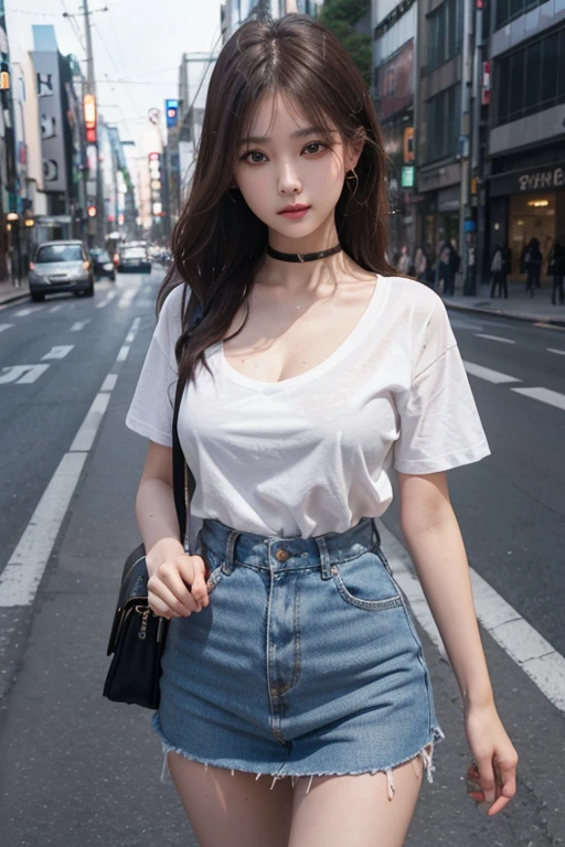 Best Quality Detail:1.2, realisitic, 8K UHD, hight resolution, 1girl in:1.2, The ultra-detailliert, High quality textures, intricate detailes, detaileds, Very detailed CG, High quality shadows, Detail Beautiful delicate face, Detail Beautiful delicate eyes, depth of fields, Ray traching, in her 20s, Pretty Kpop Girl, Korean Urzan Face:1.1, Slender face, ulzzang -6500-v1.1:0.6, pureerosface_v1, gloweyes, teak, Glossy lips, perfectbody, a choker、cleavage of the breast、 Brown hair、poneyTail:1.1, Street, Particle, look at viewr, Photorealsitic:1.4, ultra-detailliert, photos realistic, 4K 8K UHD Full Color RAW Photos, Fuji Film(Medium format:1.2), Hasselblad:1.2, Carl zeiss:1.1, Incredible dynamic range photography(UTIL_Art by Smoose-768:1.1), hight resolution, High pixel count, clear details, crisp image, Natural color reproduction, Noise Reduction, High fidelity, qulity, Software Improvements, Upscaling, Optimized algorithms, Pro-level retouching、((Shibuya, tokyo prefecture))、On the way to shopping、((Fashionable clothes with a very high design))、graphic t-shirt: Art and Logos、Graphic T-shirts printed with anime characters are trending.、Used for unique styling