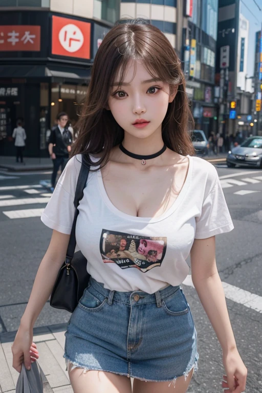 Best Quality Detail:1.2, realisitic, 8K UHD, hight resolution, 1girl in:1.2, The ultra-detailliert, High quality textures, intricate detailes, detaileds, Very detailed CG, High quality shadows, Detail Beautiful delicate face, Detail Beautiful delicate eyes, depth of fields, Ray traching, in her 20s, Pretty Kpop Girl, Korean Urzan Face:1.1, Slender face, ulzzang -6500-v1.1:0.6, pureerosface_v1, gloweyes, teak, Glossy lips, perfectbody, a choker、cleavage of the breast、 Brown hair、poneyTail:1.1, Street, Particle, look at viewr, Photorealsitic:1.4, ultra-detailliert, photos realistic, 4K 8K UHD Full Color RAW Photos, Fuji Film(Medium format:1.2), Hasselblad:1.2, Carl zeiss:1.1, Incredible dynamic range photography(UTIL_Art by Smoose-768:1.1), hight resolution, High pixel count, clear details, crisp image, Natural color reproduction, Noise Reduction, High fidelity, qulity, Software Improvements, Upscaling, Optimized algorithms, Pro-level retouching、((Shibuya, tokyo prefecture))、On the way to shopping、((Fashionable clothes with a very high design))、graphic t-shirt: Art and Logos、Graphic T-shirts printed with anime characters are trending.、Used for unique styling