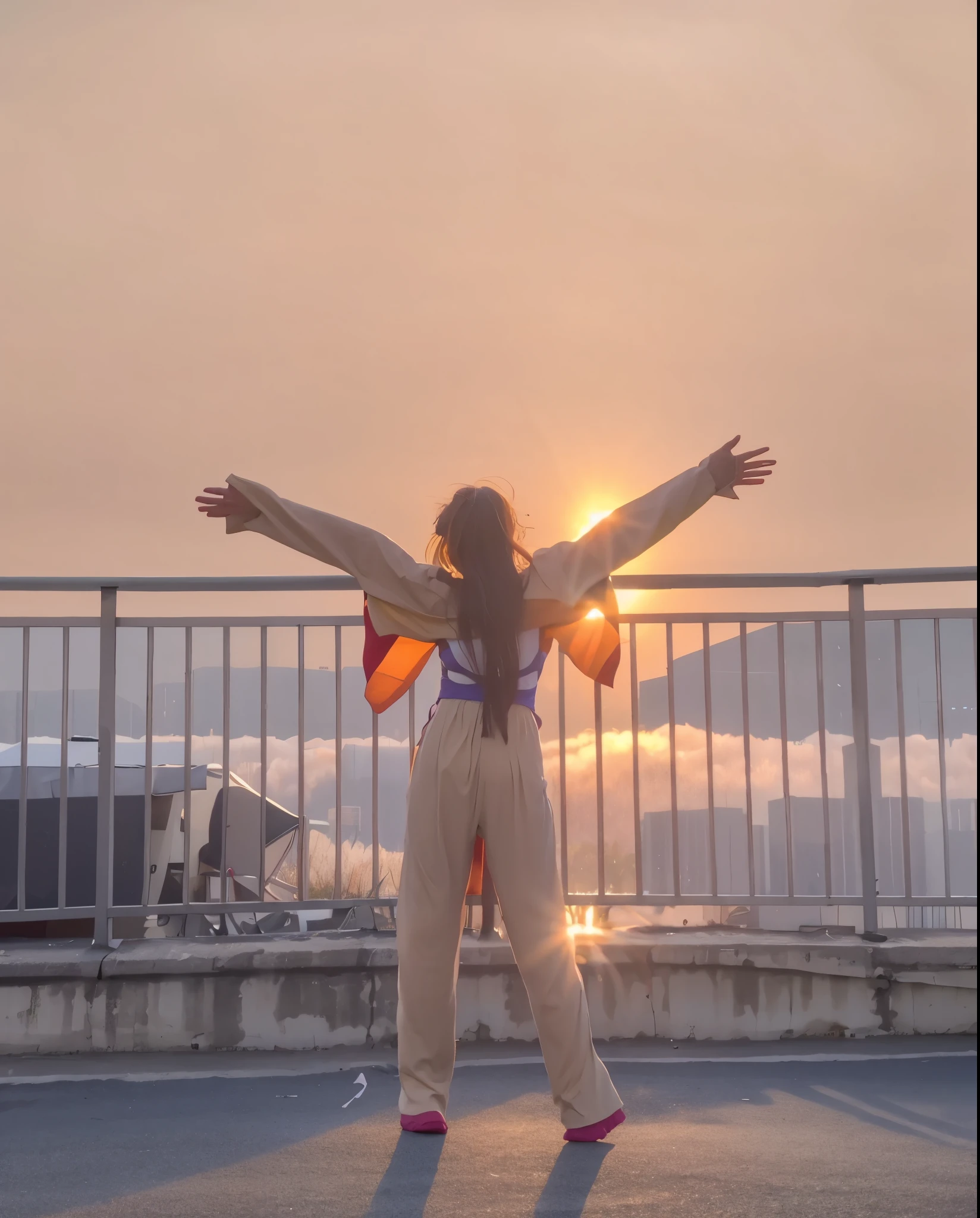 araffe standing on a roof with her open arms in the air, open arms, with sunset, Standing on the roof, Standing on the roof, arms open, Arms outstretched, posture(raise arms + happy), With divine light as background, 他open arms. ready to fly, standing on the roof of a skyscrapper, with raise arms