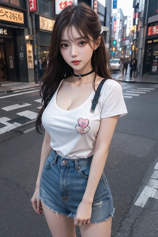Best Quality Detail:1.2, realisitic, 8K UHD, hight resolution, 1girl in:1.2, The ultra-detailliert, High quality textures, intricate detailes, detaileds, Very detailed CG, High quality shadows, Detail Beautiful delicate face, Detail Beautiful delicate eyes, depth of fields, Ray traching, in her 20s, Pretty Kpop Girl, Korean Urzan Face:1.1, Slender face, ulzzang -6500-v1.1:0.6, pureerosface_v1, gloweyes, teak, Glossy lips, perfectbody, a choker、cleavage of the breast、 Brown hair、poneyTail:1.1, Street, Particle, look at viewr, Photorealsitic:1.4, ultra-detailliert, photos realistic, 4K 8K UHD Full Color RAW Photos, Fuji Film(Medium format:1.2), Hasselblad:1.2, Carl zeiss:1.1, Incredible dynamic range photography(UTIL_Art by Smoose-768:1.1), hight resolution, High pixel count, clear details, crisp image, Natural color reproduction, Noise Reduction, High fidelity, qulity, Software Improvements, Upscaling, Optimized algorithms, Pro-level retouching、((Shibuya, tokyo prefecture))、On the way to shopping、((Fashionable clothes with a very high design))、graphic t-shirt: Art and Logos、Graphic T-shirts printed with anime characters are trending.、Used for unique styling