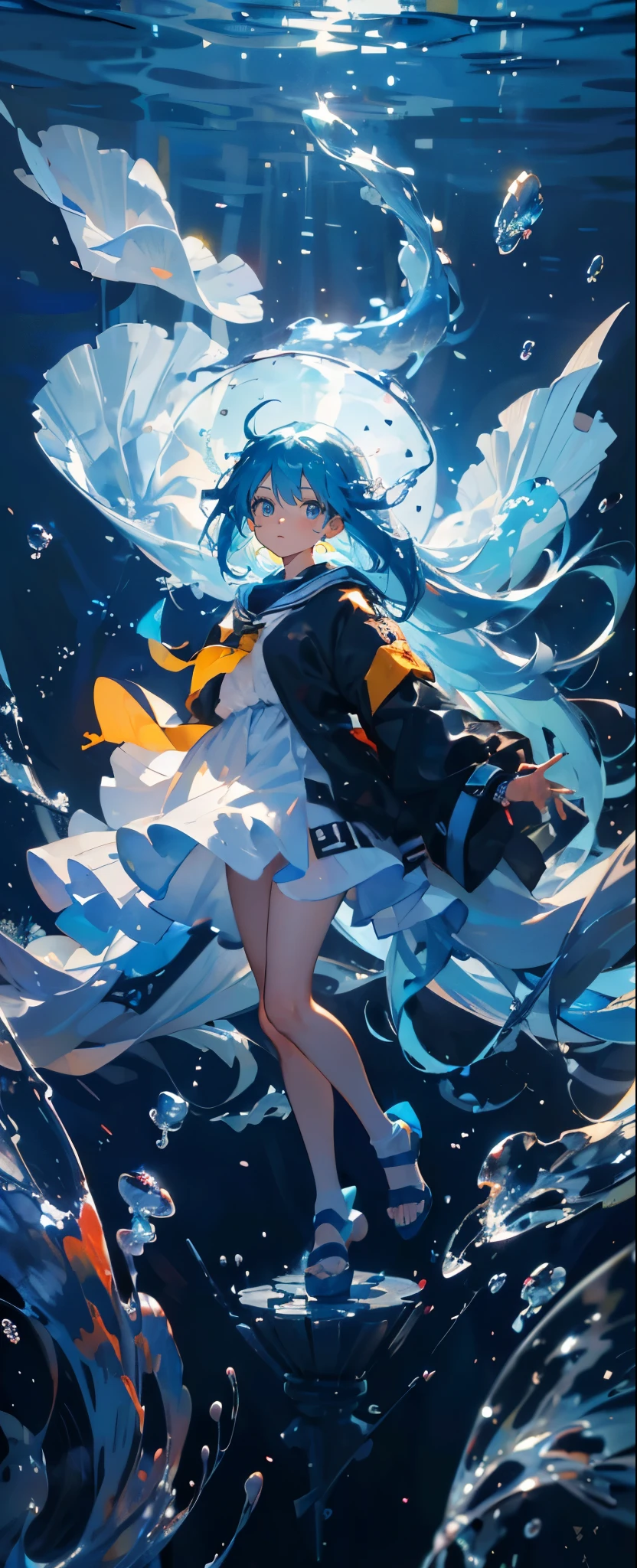 (muste piece), (best quality), highly detailed face, 1 girl, Solo Full Body Shot, perfect face, beautiful girl, highly detailed face,(Blue hair long hair:1.5),(blue eyes:1.4),(float:1.4),(in water:1.4),(Floating hair:1.3),sink,school of fish,Light,jellyfish,seaweed,Red fish,Yellow fish,deep sea,fantasy