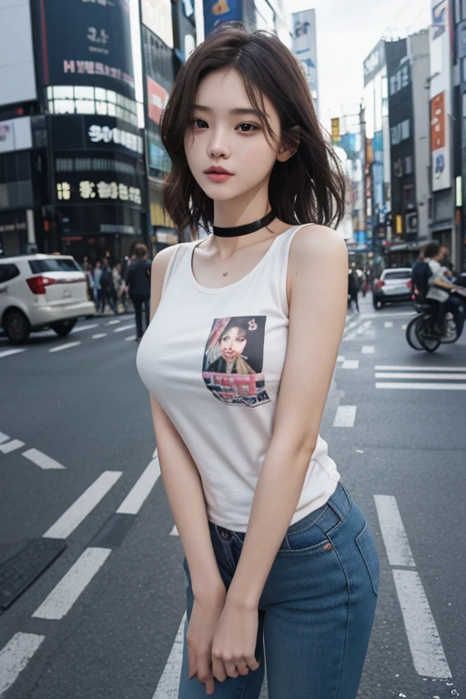 Best Quality Detail:1.2, realisitic, 8K UHD, hight resolution, 1girl in:1.2, The ultra-detailliert, High quality textures, intricate detailes, detaileds, Very detailed CG, High quality shadows, Detail Beautiful delicate face, Detail Beautiful delicate eyes, depth of fields, Ray traching, in her 20s, Pretty Kpop Girl, Korean Urzan Face:1.1, Slender face, ulzzang -6500-v1.1:0.6, pureerosface_v1, gloweyes, teak, Glossy lips, perfectbody, a choker、cleavage of the breast、 Brown hair、poneyTail:1.1, Street, Particle, look at viewr, Photorealsitic:1.4, ultra-detailliert, photos realistic, 4K 8K UHD Full Color RAW Photos, Fuji Film(Medium format:1.2), Hasselblad:1.2, Carl zeiss:1.1, Incredible dynamic range photography(UTIL_Art by Smoose-768:1.1), hight resolution, High pixel count, clear details, crisp image, Natural color reproduction, Noise Reduction, High fidelity, qulity, Software Improvements, Upscaling, Optimized algorithms, Pro-level retouching、((Shibuya, tokyo prefecture))、On the way to shopping、((Fashionable clothes with a very high design))、graphic t-shirt: Art and Logos、Graphic T-shirts printed with anime characters are trending.、Used for unique styling