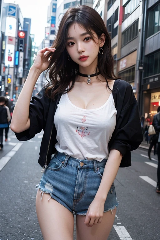 Best Quality Detail:1.2, realisitic, 8K UHD, hight resolution, 1girl in:1.2, The ultra-detailliert, High quality textures, intricate detailes, detaileds, Very detailed CG, High quality shadows, Detail Beautiful delicate face, Detail Beautiful delicate eyes, depth of fields, Ray traching, in her 20s, Pretty Kpop Girl, Korean Urzan Face:1.1, Slender face, ulzzang -6500-v1.1:0.6, pureerosface_v1, gloweyes, teak, Glossy lips, perfectbody, a choker、cleavage of the breast、 Brown hair、poneyTail:1.1, Street, Particle, look at viewr, Photorealsitic:1.4, ultra-detailliert, photos realistic, 4K 8K UHD Full Color RAW Photos, Fuji Film(Medium format:1.2), Hasselblad:1.2, Carl zeiss:1.1, Incredible dynamic range photography(UTIL_Art by Smoose-768:1.1), hight resolution, High pixel count, clear details, crisp image, Natural color reproduction, Noise Reduction, High fidelity, qulity, Software Improvements, Upscaling, Optimized algorithms, Pro-level retouching、((Shibuya, tokyo prefecture))、On the way to shopping、((Fashionable clothes with a very high design))、graphic t-shirt: Art and Logos、Graphic T-shirts printed with anime characters are trending.、Used for unique styling