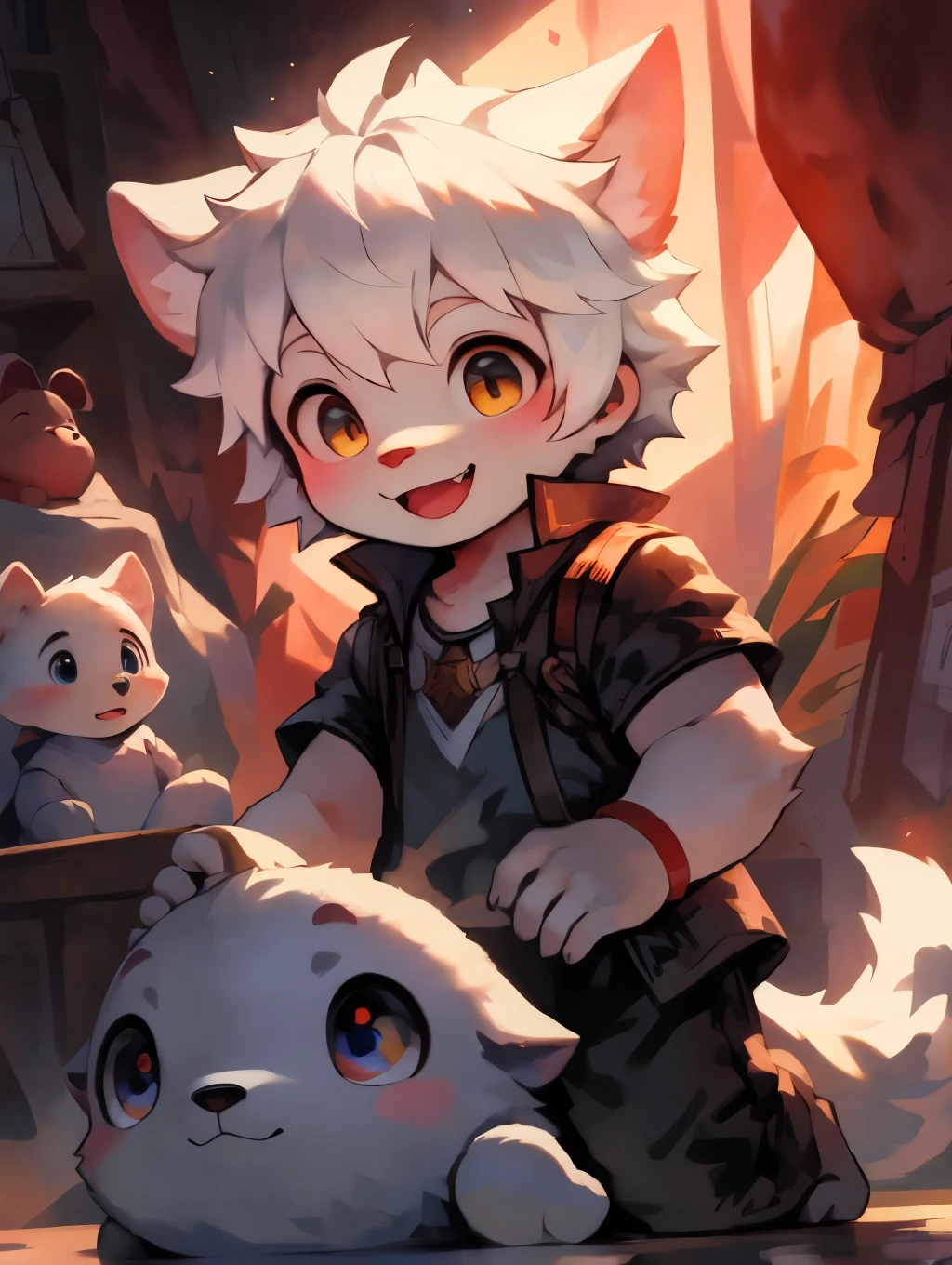 Wolf，white hair ，male，Q version，（，baby）， ly， stand up， Master masterpieces， high resolution，8k，Detailed background，high quality，horny boy，（Warm light source：1.2），upper sky，on cloud，a happy expression，shorter pants