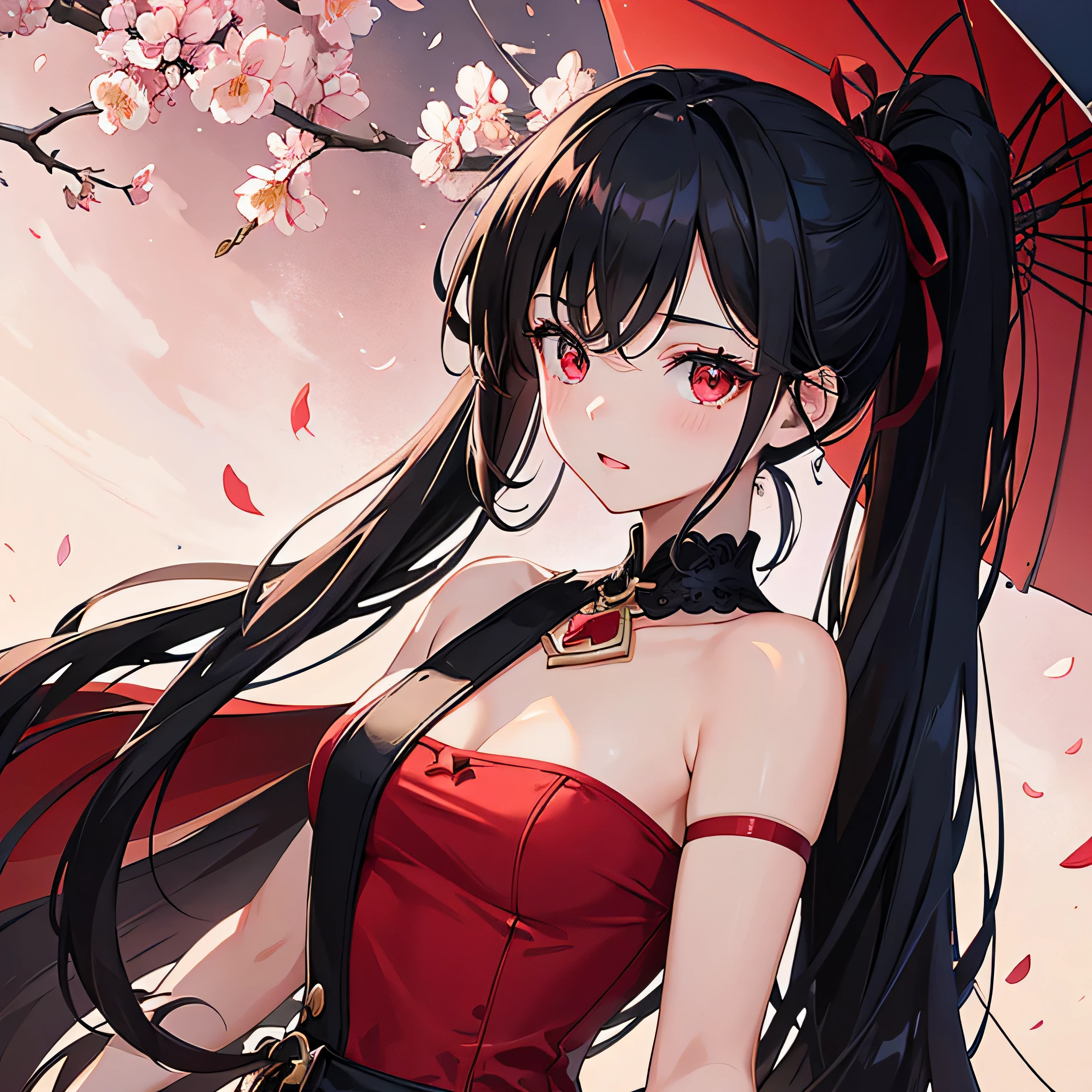 (masterpiece:1.2, best quality), (delicate eyes: 1.2), ((1girl)), ((solo)), (red eyes:1.4), (delicate eyes and delicate face: 1.3), ( Beautiful and clear background: 1.2), (extremely detailed CG, super detailed, best shadow: 1.1), ((depth of field)), ((watercolor)), (oni: 1.5), (kimono: 1.3), big breasts, bare shoulders, flowers and petals, beautiful concept art, (white background: 0.5), (illustration: 1.1), (extreme refinement: 1.1), (perfect detail: 1.1), side, denim photo, double ponytail, black hair,
