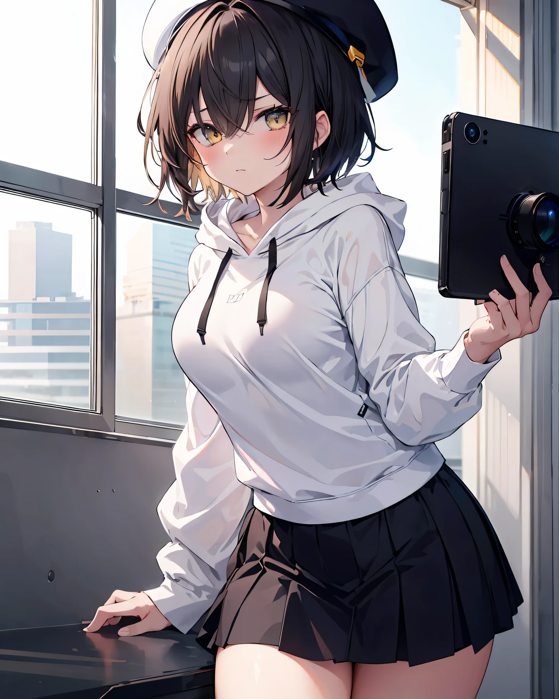masterpiece,1girl,sparrow, a black haired girl, wearing a white hoody, short hair, messy hair, white shirt, black skirt, yellow hoody, slim body, she have a handycam, medium breasts, she close her left eye, shirt ornament, ppai, white beret, serious face, beautiful breasts, rounded breasts