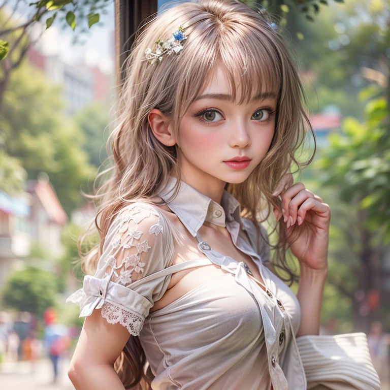 1 beautiful girl, the finest beautiful girl, realistic, very detailed CG 統合 8k 壁紙, very detailed, High resolution raw color photos, professional photos, realistic portrait, cinematic light, beautiful details, (naked:1.5), beautiful big breasts, breasts details, (thin lace shirt:1.4), No bra, No panties, (Details of cameltoe), outdoor, Beautiful Landscape Forest, city, stare, (最high quality:1.4), Super detailed, high quality, masterpiece, Upper body,