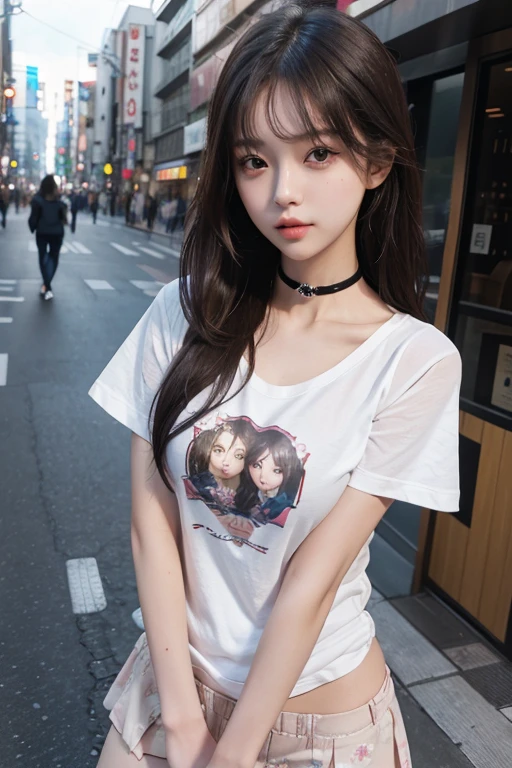 Best Quality Detail:1.2, realisitic, 8K UHD, hight resolution, 1girl in:1.2, The ultra-detailliert, High quality textures, intricate detailes, detaileds, Very detailed CG, High quality shadows, Detail Beautiful delicate face, Detail Beautiful delicate eyes, depth of fields, Ray traching, in her 20s, Pretty Kpop Girl, Korean Urzan Face:1.1, Slender face, ulzzang -6500-v1.1:0.6, pureerosface_v1, gloweyes, teak, Glossy lips, perfectbody, a choker、 of the breast、 hair、poneyTail:1.1, Street, Particle, look at viewr, Photorealsitic:1.4, ultra-detailliert, photos realistic, 4K 8K UHD Full Color RAW Photos, Fuji Film(Medium format:1.2), Hasselblad:1.2, Carl zeiss:1.1, Incredible dynamic range photography(UTIL_Art by Smoose-768:1.1), hight resolution, High pixel count, clear details, crisp image, Natural color reproduction, Noise Reduction, High fidelity, qulity, Software Improvements, Upscaling, Optimized algorithms, Pro-level retouching、((Shibuya, tokyo prefecture))、On the way to shopping、((Fashionable clothes with a very high design))、graphic t-shirt: Art and Logos、Graphic T-shirts printed with anime characters are trending.、Used for unique styling