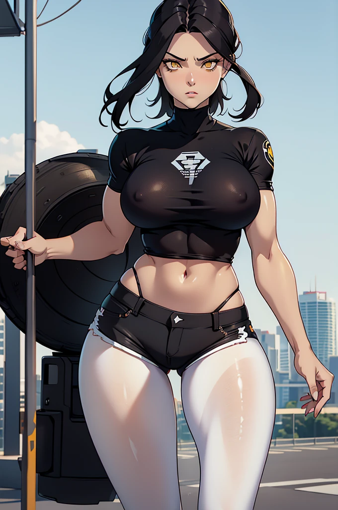 perfect anatomy girl muscular girl toned body girl large breasts girl thick girl angry girl best quality girl black hair girl yellow eyes girl pale girl pale girl,linda mulher morena, musculosa , usando short legging withe, meia calça preta, cabelo curto, belos olhos, olhos lindos, amarelos, camisa branca, jaqueta de couro preta, shorts, short legging white, cidade beco escuro pantyhose black