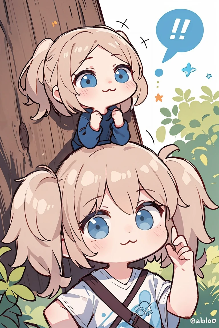 absurdos, 1 garota, olhos castanhos, twintails, Cabelo longo, cabelo branco, olhos arregalados, eyelash, olhando para o espectador, twitchemocionar, tronco, fundo branco, camiseta, Chibi, emocionar, visualizador de frente, (:3:1.0), corar