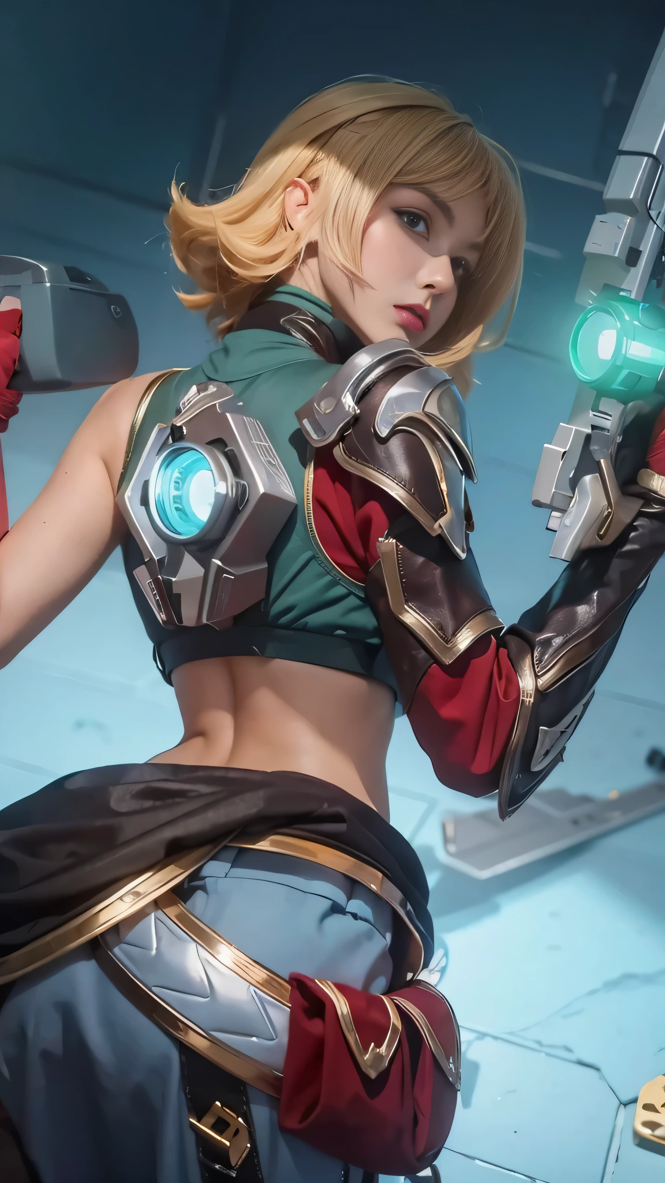 8k, highly detailed, close-up image of a woman in costume holding a gun