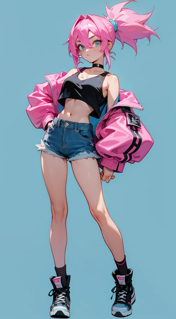 full body, pink hair, ponytail hair, cyan eyes, cute girl, black crop tanktop, choker, converse hightop, hot pants blue jean shorts, flowing down bomber jacket