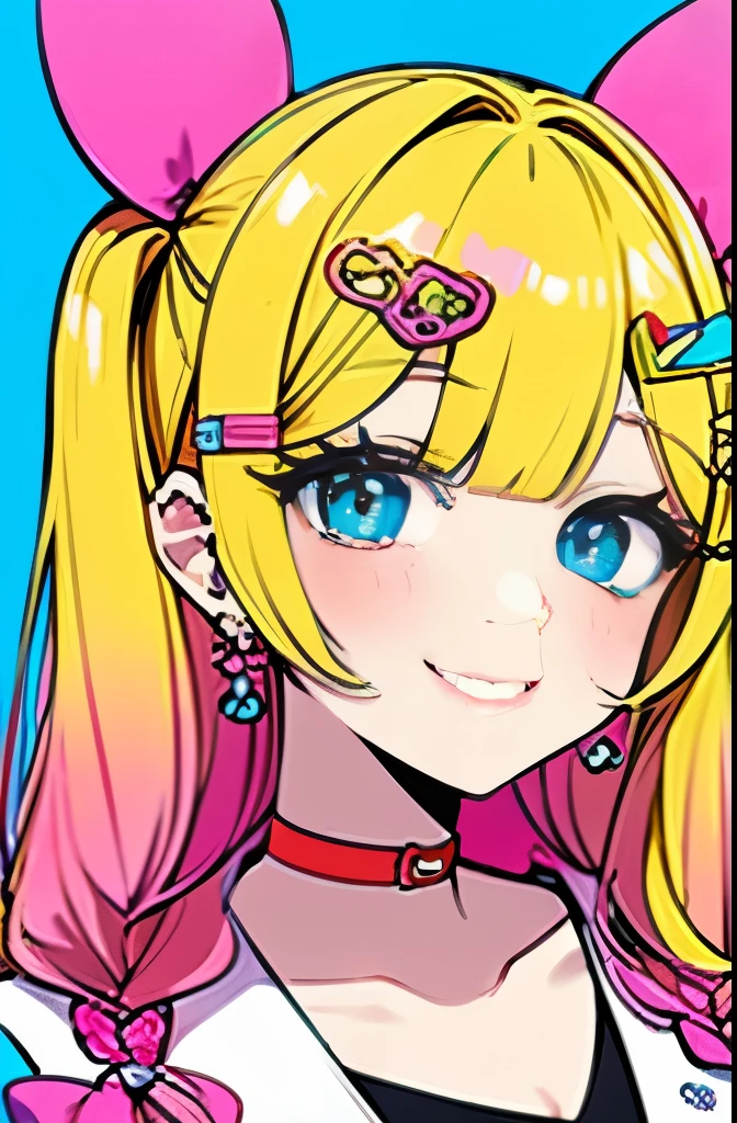 1girl, decora,  neon colors, rainbow hair with ribbons, detailed 8k background of a playground with rainbow colors and crayola, smiling, teeth showing, pink ribbon ,blonde hair, green eyes, glasses, cute, juicy lips, hour glass body, kawaii eyes, bright eyes, ((blonde hair)), sandy blonde hair, juicy lips