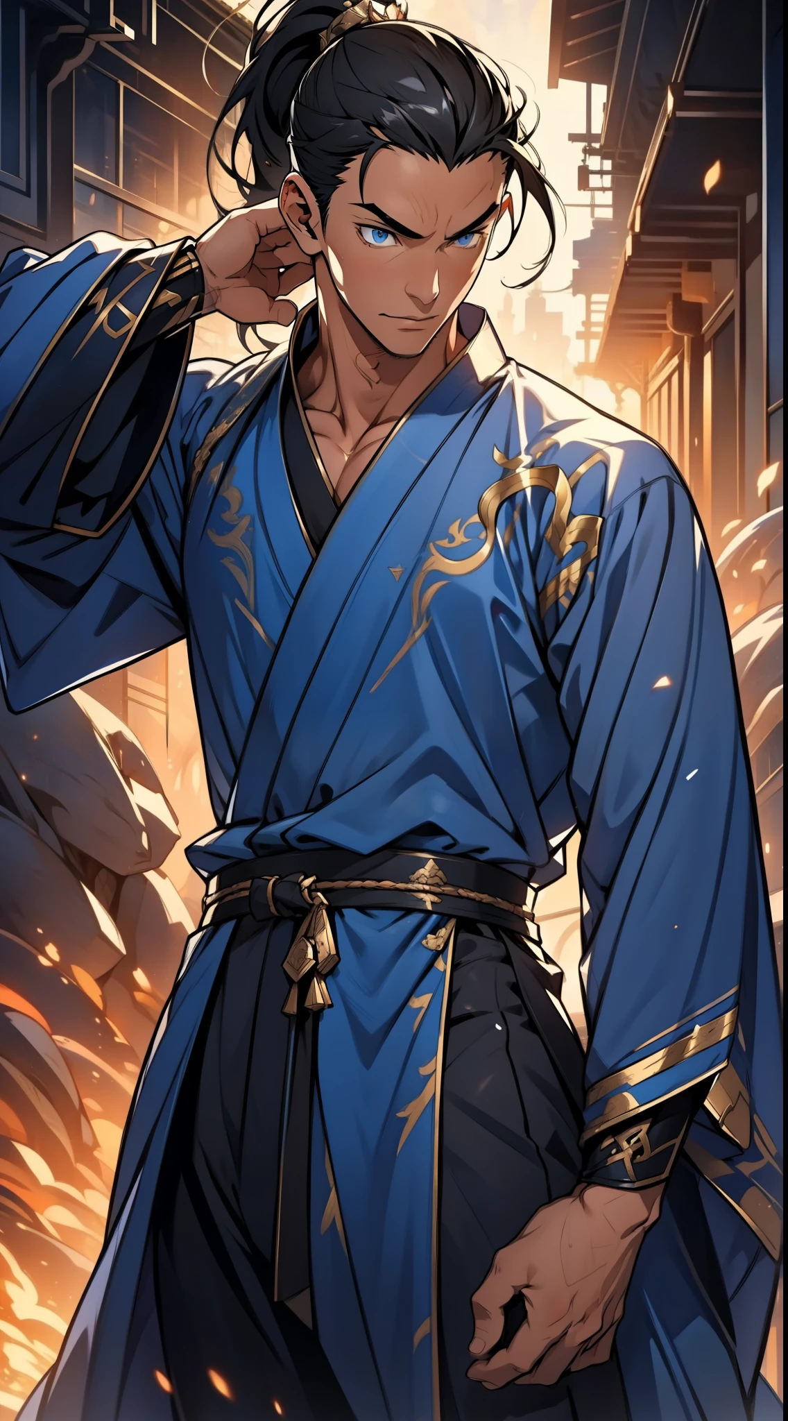 Two dimensions,anime style,one person(male warrior),proportions are correct,facial details,swordsman,high ponytail hairstyle,neck detail,Have an Adam's apple,Blue suit,joke,blue robe,clothing details,transfer,long sleeves,Game quality,fencing,Ray tracing,Ray tracing,Detailed glow,CG rendering,hair details,long black hair,blue eyes,Handsome,Handsome,(Youthful feeling),Clothing is complicated,Perfect composition,refine,high quality,higher details,many details,Complex background,a sense of atmosphere,