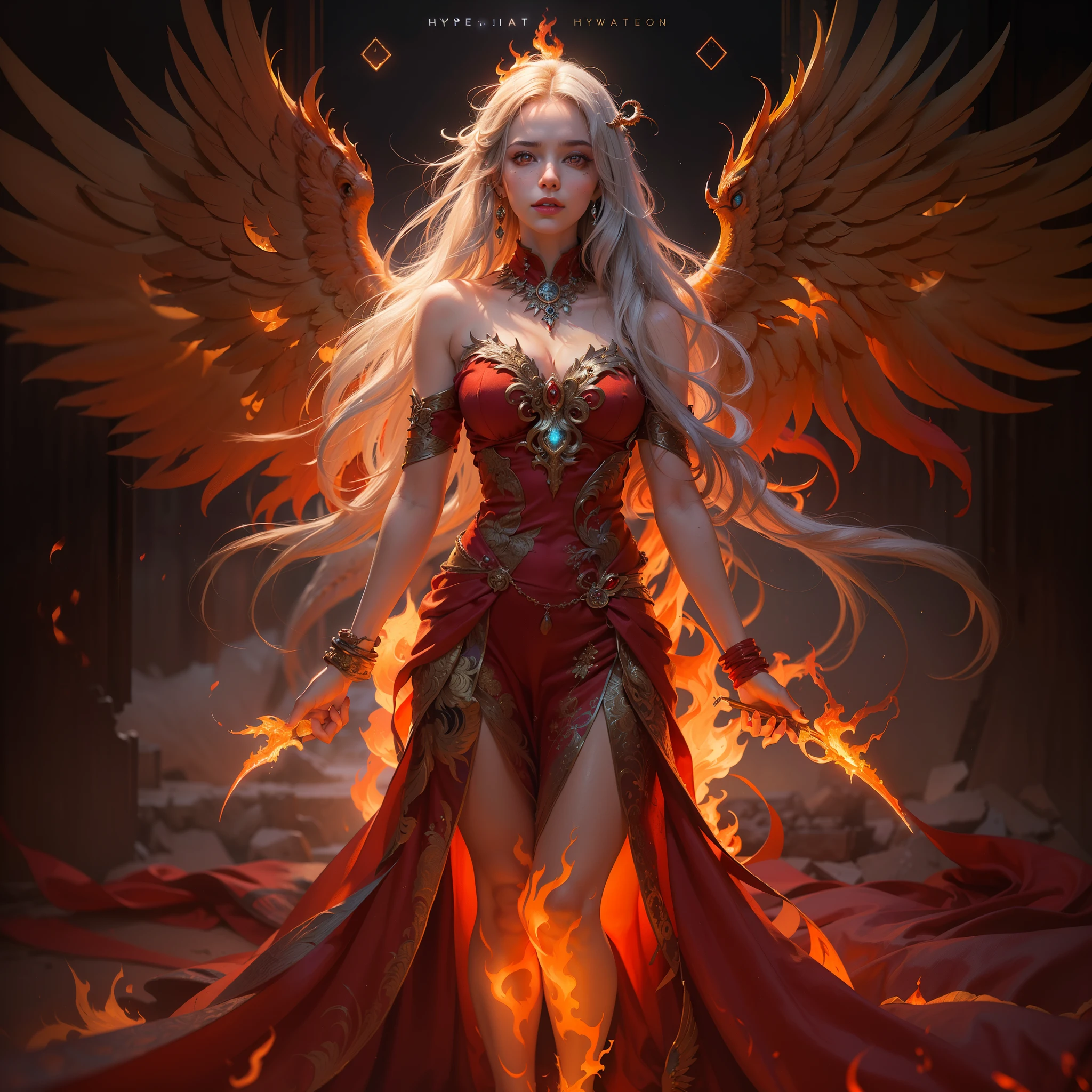 Award-winning masterpieces galore, incredibly detailed, textured and maximally detailed), (hyper realistic:1.4), (realistic:1.3), (top quality realistically textured skin), (dense true circles symmetrical eyes), finely drawn faces, ((medieval world)), (((full body portrait))) (((Phoenix of the Lord's Flame)), (((Phoenix of the Lord's Hell))), (eyes burning bright and icy), (((full body standing image))), (she has a mischievous smile on her face)), (eyes glowing red in the dark:1.5), (red eyes with strong red glow from within:1.5), (((full body standing image))), bioluminescence, (flames and flames swirling in the background)), (dramatic light), (majestic scene), (her expression is gentle and beautiful, but somewhat scary), glass earrings in her ears, (dramatic photo:1.4), (((gives full body standing image))), (((dramatic pose))), ( gorgeous photo)), (golden hair), (silver hair), (chestnut hair), ((looks up)), ((looks down)), (a simple, elaborately crafted necklace around her neck), (brightly glowing bioluminescence:1.3), (uses flashy fire magic:1.2), (swirling flames), Satanic great temple, Satanic grand shrine, great temple, cathedral, temple ruins, temple away from temple, (glowing magic circle), ancient castle ruins, glowing male latkowski:0.8), (teal and orange:0.4), (art station:1.5), cinematic, ((neutral colors)), (HDR:1.5), ( subdued colors:1.2)), very detailed, dramatic light, (complex details:1.1), complex background, ((large phoenix wings on back))