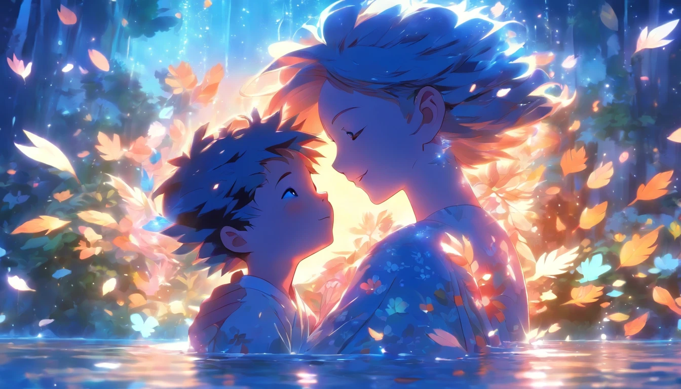Mothers and children、Mother and child with a gentle smile(boy)Gently put transparent feathers on the back of、The whole body is reflected、The world where life is born、Blue sunlight filtering through the leaves like in the water、fantasy、Japanese style super high quality animation movie、anime manga style illustration、Xin Haichengfeng