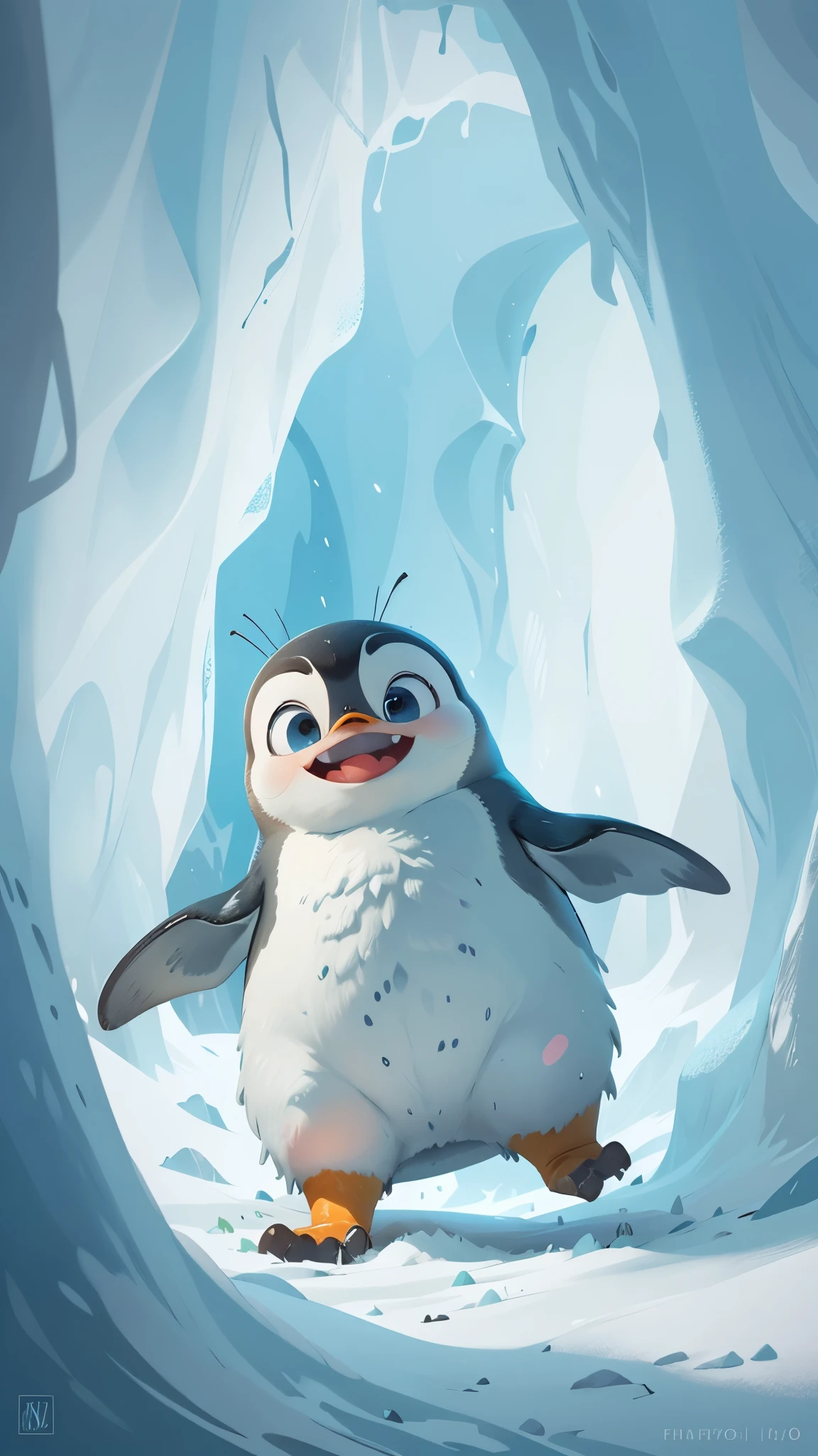 A cute emperor penguin jumps out of a snow cave，front view，close up, Pixar style, best quality, stills, very cute, big eyes,  ，Very happy，high details, high quality, masterpiece, ccurate, super detail，