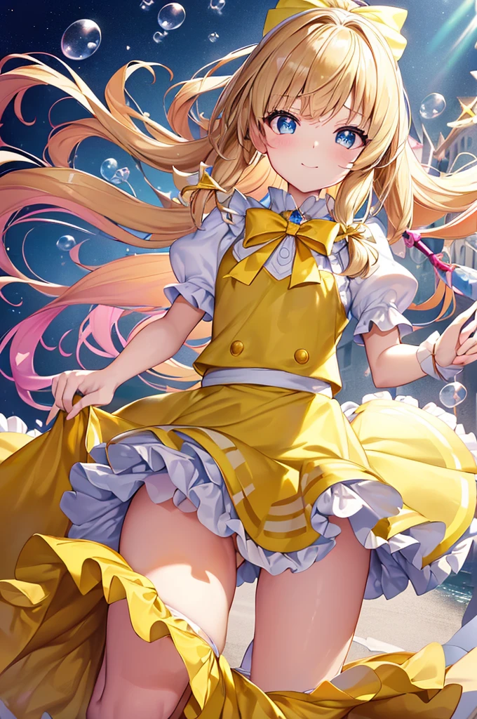 photo realistic, (masterpiece,best quality:1.4),(8k,raw photo,photo realistic:1.2),Not Safe for Work, detailed skin,detailed face,1girl,princess,Alice in Wonderland,cute face, super resolution,retro realistic details Illustration,,{{{elaborate,intricately,fantastic,delicately,tremendous,meticulous,minute,incredibly,obsessed,artisan's,subtle,virtuoso,skillful,vibrant, vivid, complex}}}, clearly focus edge, fresh natural gradation, best quality, amazing quality, very aesthetic, absurdres, pubisure, ((yellow, checkered, frilled, yellow layered, yellow mini skirt, overskirt)), ((White ruffle apron)), ((shiny wavy hair)), diadems, ankle boots, up-skirt, doress, (((jumping))), feet up, (yellow frilled shirt), yellow gothic dresses, shairband, shortsleeves, the bow hair, happy, ;p, medium bob, (blonde hair), ((wavy hair)), shimmering eyes, Blue eyes, ((yellow shairband)), (((White frilled Panties))), (((skirt-lift))), a smile, red blush, yellow Doress, Alice (Alice in Wonderland), (((cape))), White frilled legwear, ((yellow the Bow)), Puffy Sleeves, Bangss, shortsleeves, ((yellow bow ribbon)), long hair, (White frilled apron), (((tiara))), (((Holding a cute magic wand))). White frilled legwear, frilld, yellow gothic dresses,: q, ((Heart necklace)), ((ring)), masterpiece, top-quality, not safe for work, , child, 14 yo, braided bangs, arm garter, baby face ,twinkle in the eye, flat chest, yumekawa,yumekawaii,pastel color, imagination, ((soap bubbles)), heart background, (water-color), ((Multicolored lights)), (Design sheet:1.3), (multi-angle and detailed view:1.3),