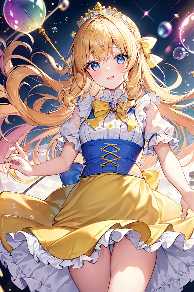photo realistic, (masterpiece,best quality:1.4),(8k,raw photo,photo realistic:1.2),Not Safe for Work, detailed skin,detailed face,1girl,princess,Alice in Wonderland,cute face, super resolution,retro realistic details Illustration,,{{{elaborate,intricately,fantastic,delicately,tremendous,meticulous,minute,incredibly,obsessed,artisan's,subtle,virtuoso,skillful,vibrant, vivid, complex}}}, clearly focus edge, fresh natural gradation, best quality, amazing quality, very aesthetic, absurdres, pubisure, ((yellow, checkered, frilled, yellow layered, yellow mini skirt, overskirt)), ((White ruffle apron)), ((shiny wavy hair)), diadems, ankle boots, up-skirt, doress, (((jumping))), feet up, (yellow frilled shirt), yellow gothic dresses, shairband, shortsleeves, the bow hair, happy, ;p, medium bob, (blonde hair), ((wavy hair)), shimmering eyes, Blue eyes, ((yellow shairband)), (((White frilled Panties))), (((skirt-lift))), a smile, red blush, yellow Doress, Alice (Alice in Wonderland), (((cape))), White frilled legwear, ((yellow the Bow)), Puffy Sleeves, Bangss, shortsleeves, ((yellow bow ribbon)), long hair, (White frilled apron), (((tiara))), (((Holding a cute magic wand))). White frilled legwear, frilld, yellow gothic dresses,: q, ((Heart necklace)), ((ring)), masterpiece, top-quality, not safe for work, Little Girl, child, 14 yo, braided bangs, arm garter, baby face ,twinkle in the eye, flat chest, yumekawa,yumekawaii,pastel color, imagination, ((soap bubbles)), heart background, (water-color), ((Multicolored lights)), (Design sheet:1.3), (multi-angle and detailed view:1.3),