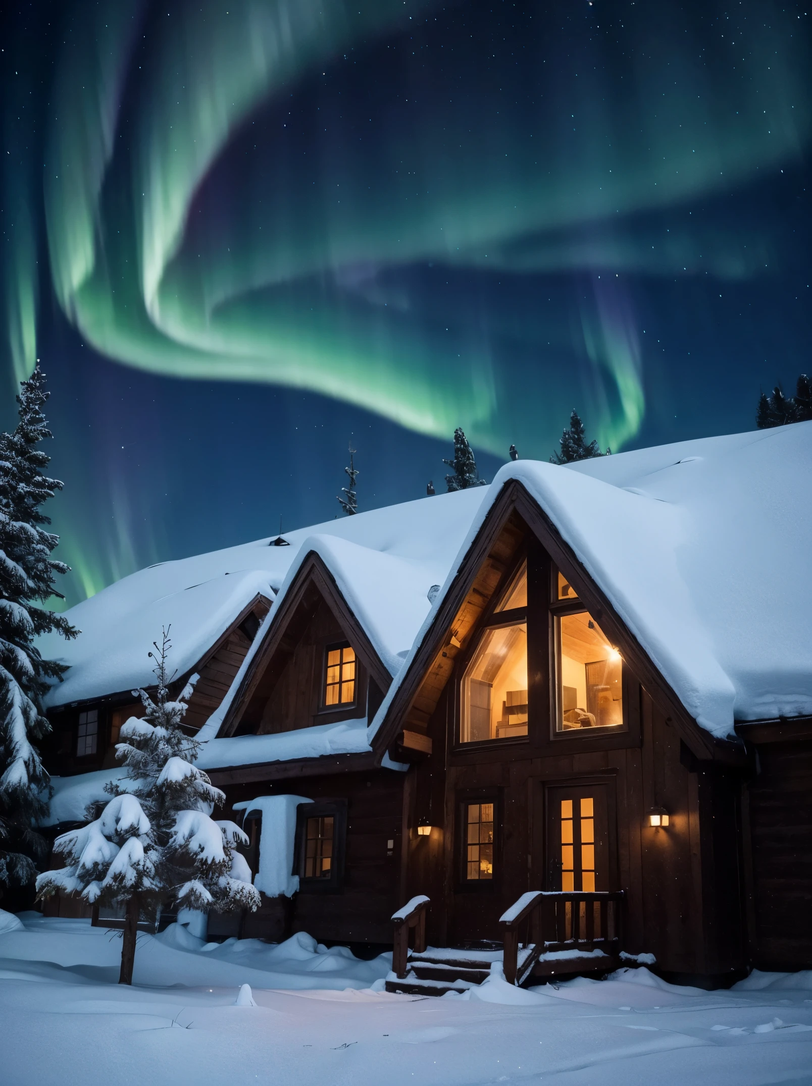 E.t. The extra terrestrial, winter snowy village, starry night, northern lights, masterpiece