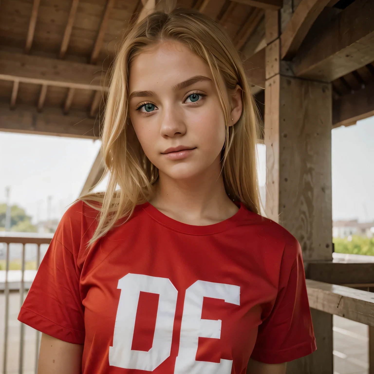 17 years old girl, beautiful and cute, Blonde hair and green eyes, wearing a red t-shirt