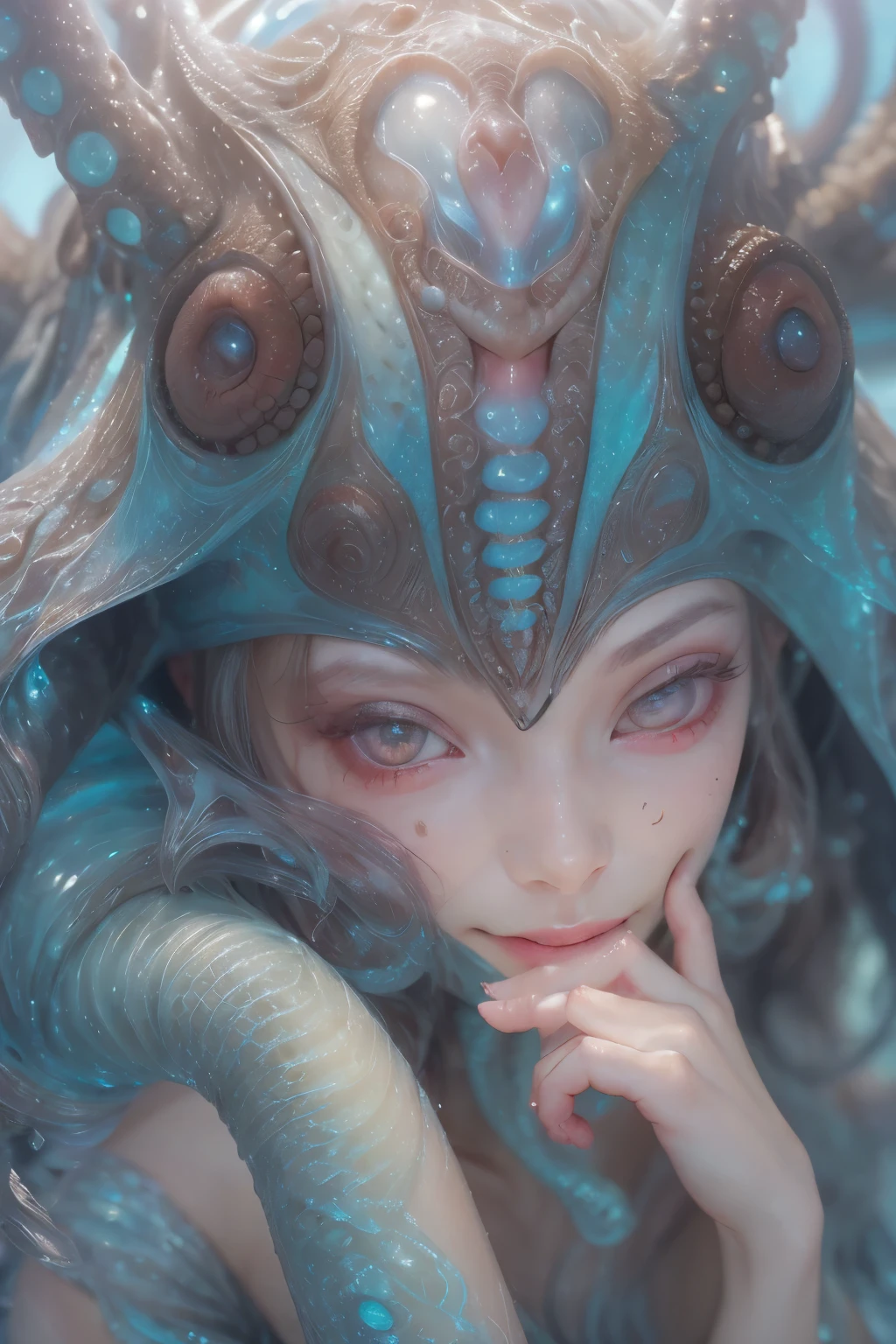 portrait, (1 beautiful female alien:1.2),  ((There is a female genital-like organ in the middle of the forehead.:1.9)), (The most beautiful face in the history of the universe:1.2), (Scarlet eyes that shine mysteriously:1.6), (transparent skin:1.8), an evil gaze that seduces, (red eyes:1.5), (big mouth:1.1), sharp teeth like a shark, Looks like a whole body, (bioluminescence:1.2), (laugh evilly:1.3),  (sexy pose:1.5), alien, there are no humans, cells are fused, (Lots of translucent tentacles:1.1) (transparent skin:1.3), extraterrestrial, cell, bio image, 最高quality, 8K,4K_quality, High resolution, dramatic lighting, table top:1.5,cinematic quality, Detail up, (intricate details:1.2), High resolution, High resolution, draw faithfully, (thick eyebrows:1.2), Beautiful eyes with high bilateral symmetry, (highly detailed eyes:1.2),(highly detailed face and eyes:1.2), (High resolution赤目:1.4), intimate face, (Super detailed skin quality feeling:1.4), perfect anatomy,  (Beautiful toned body:1.5),  (moist skin:1.2), no makeup, (Bear:1.1), long canines, drawing cinematic characters, ultra high quality model, cinematic quality, Detail up, (intricate details:1.2), High resolution, High resolution, draw faithfully, official art, Unity 8K Wall  , 8K portrait, 最高quality, Very High resolution, Super detailed artistic photography, midnight aura,  unreal engine 5, super sharp focus, Art by Alberto Seveso, types of bacteria, Reusch, intricate artwork, best quality, table top, ultra High resolution, (realistic pictures:1.4), ultra realistic realism, dream-like,  nautilus, fantasy creation, snails, Dream snails,  (biopunk nautilus:1.3), thrilling color scheme， ultra realistic realism， smile seductively, blue tentacles