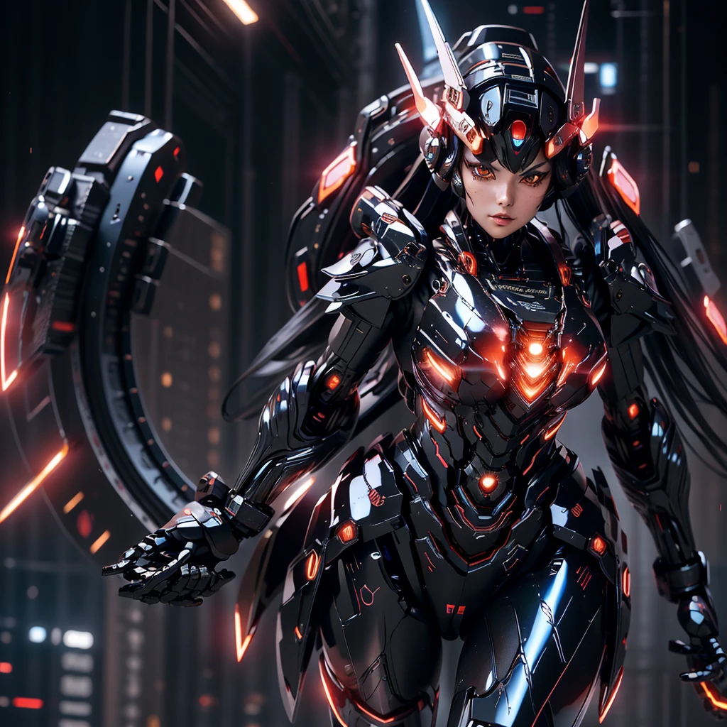 Illustrate a detailed and stunning portrait of a girl, long black hair, heterochromia eyes , (Meccha girl, ultra detailed, black and red cyber suit), in a dynamic pose ,open cleavage, full body