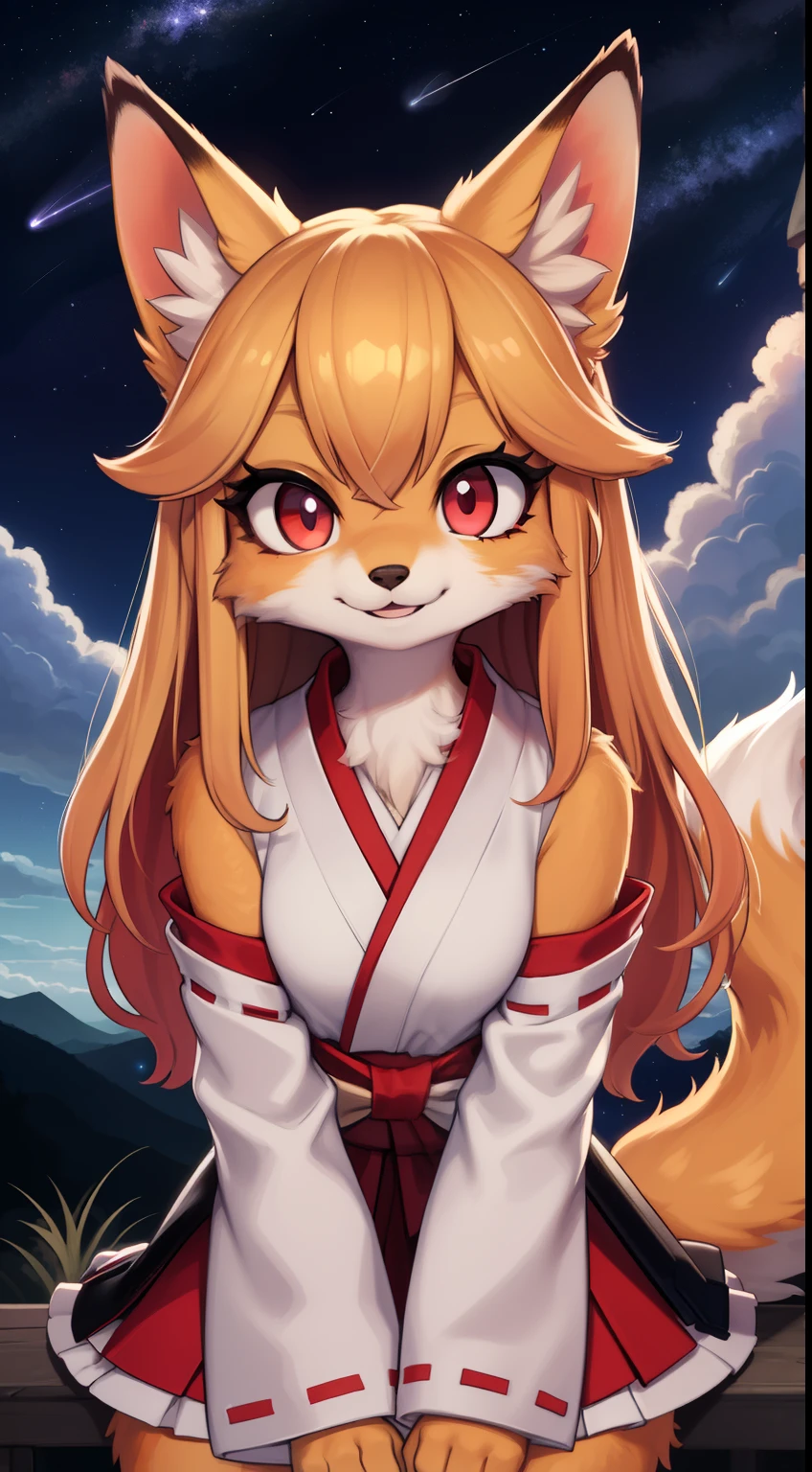 fox girl, furry, furry, Golden fur, Golden face fur, long golden hair, eyes with light, red eyes, super cute face, Brown elements on fur, Miko, beautiful light and shadow, ambient light, Ultra-fine fur, volume light, night, Clouds and stars in the sky, Starry sky outside, shooting star, Natural light, smile, Fluffy Tail, color contact lenses, bright pupils