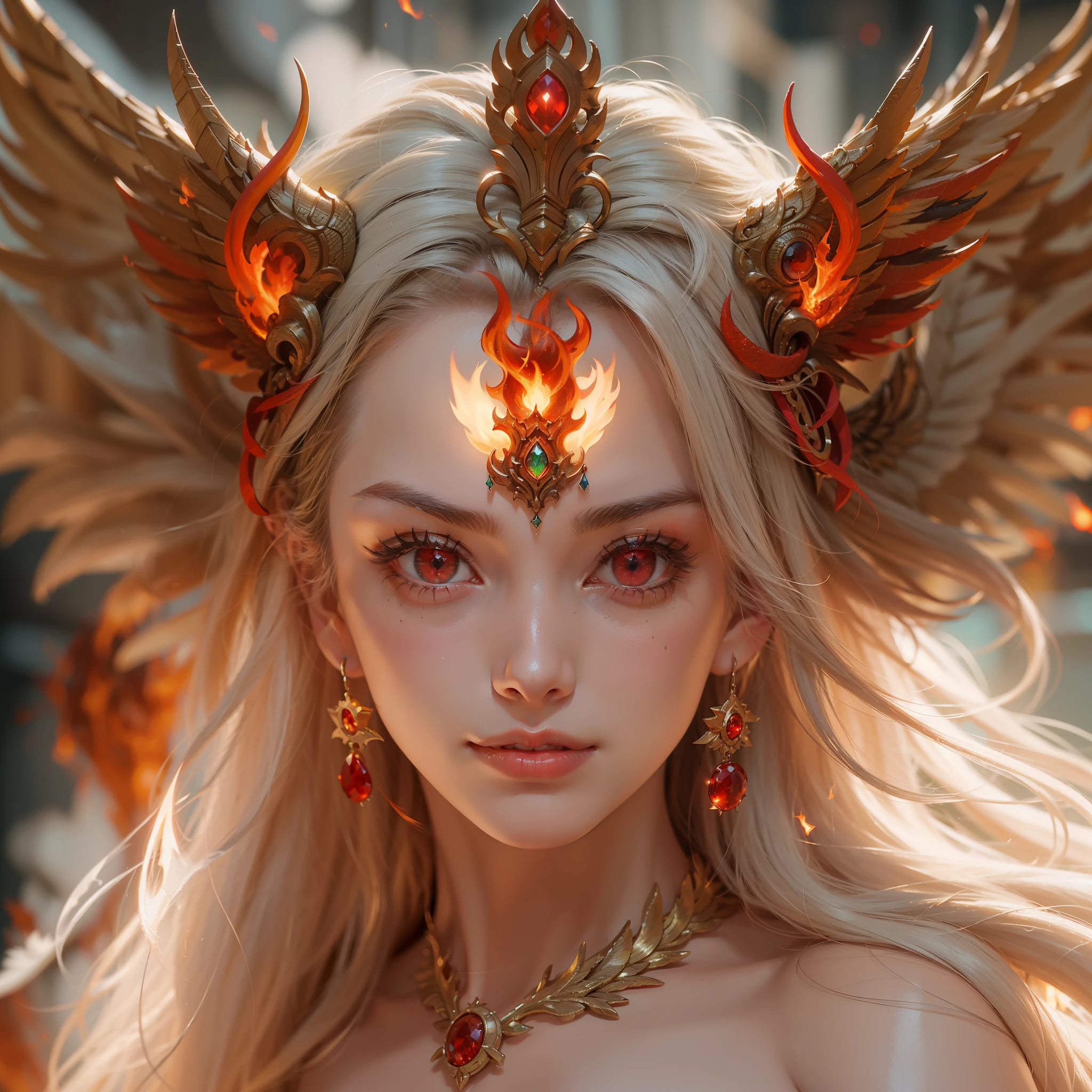 (Numerous award-winning masterpieces, with incredible detail, textures and maximum detail), (hyper realistic:1.4), (realistic:1.3), (best quality real texture skin), (finely detailed true circle Symmetrical eyes), finely detailed face, ((medieval world)), ((The Lord's blaze Devil)), ((The Lord's hellfire Devil)), (burn brightly icy look in the eye), (She has a mischievous smile on her face), (Eyes that glow red in the dark:1.5), (A pair of red eyes with strong red light emitting from within:1.5),  (Flames and flames swirling in the background), (Dramatic Light), (A majestic sight),  (Her countenance is gentle and beautiful, but somehow terrifying), Glass earrings on the ears, (dramatic photo:1.4),  ((dramatic pose)), (golden hair), (silver hair), (chestnut hair), Short cut hair, ((looks up)), ((looking down)), (Around her neck is a simple necklace of exquisite workmanship), (Bio luminescence with a brilliant glow:1.3), (Use flashy flame magic:1.6), (Swirling flames), The Great Temple of the Devil, The Devil's Grand Shrine, great temple, great cathedral, temple ruins, detached temple, (Luminous magic circle:1.3), Ruins of an ancient castle, Shining majestic cloud masses and sky, lightning bolt, epic realistic, faded, art, (Greg rutkowski:0.8), (teal and orange:0.4), (art station:1.5), cinematic, ((neutral colors)), (hdr:1.5), (muted colors:1.2), hyper detailed, dramatic light, (intricate details:1.1), complex background,(4K)、((Phoenix feathers on the back))、((full body standing image：1.8)),((Large symmetrical phoenix wings))、((Full body photo:1.8))