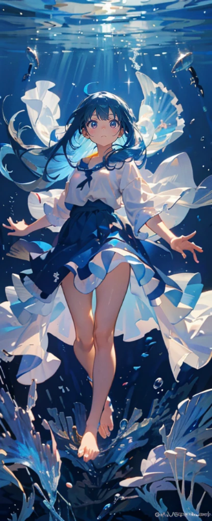 (muste piece), (best quality), highly detailed face, 1 girl, Solo Full Body Shot, perfect face, beautiful girl, highly detailed face，(Blue hair long hair:1.5)，(blue eyes:1.4)，(barefoot:1.4)，(in water:1.4)，(Floating hair:1.3)，sink，school of fish，Light，jellyfish，seaweed，Red fish，Yellow fish，deep sea，fantasy