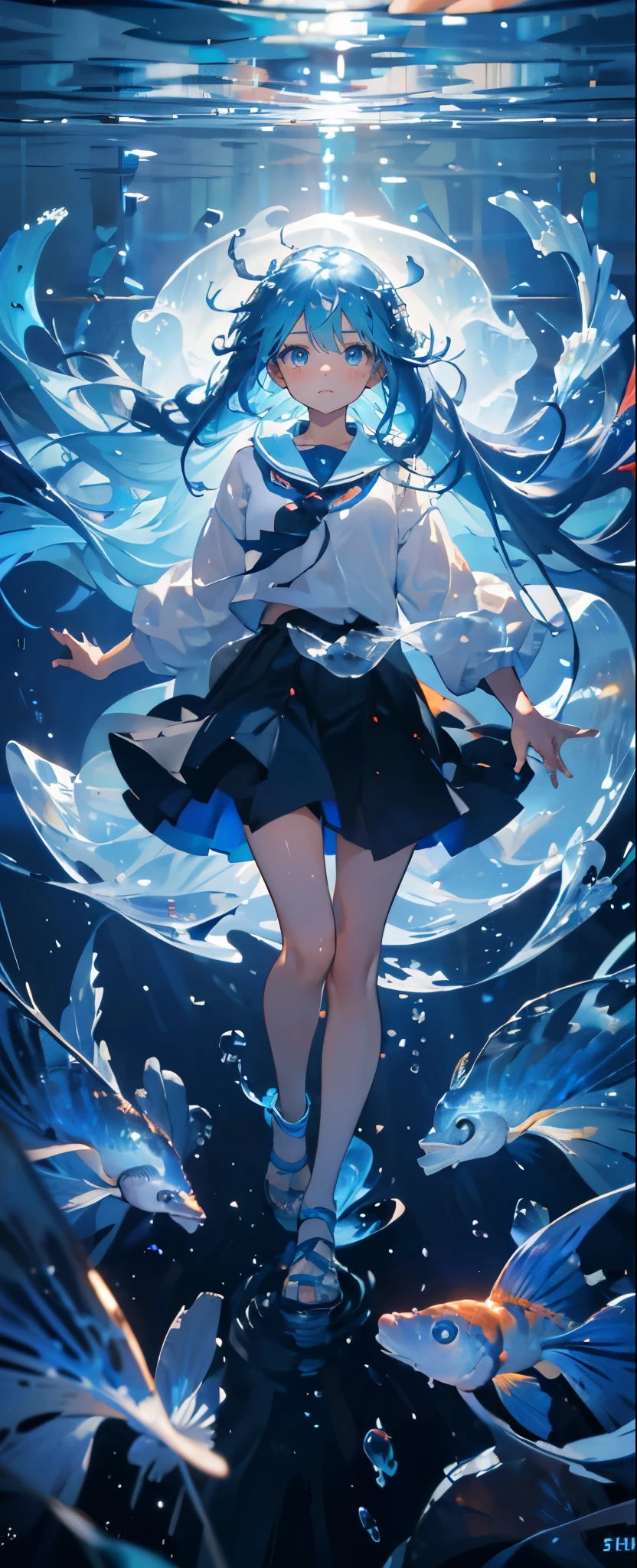 (muste piece), (best quality), highly detailed face, 1 girl, Solo Full Body Shot, perfect face, beautiful girl, highly detailed face,(Blue hair long hair:1.5),(blue eyes:1.4),(float:1.4),(in water:1.4),(Floating hair:1.3),sink,school of fish,Light,jellyfish,seaweed,Red fish,Yellow fish,deep sea,fantasy